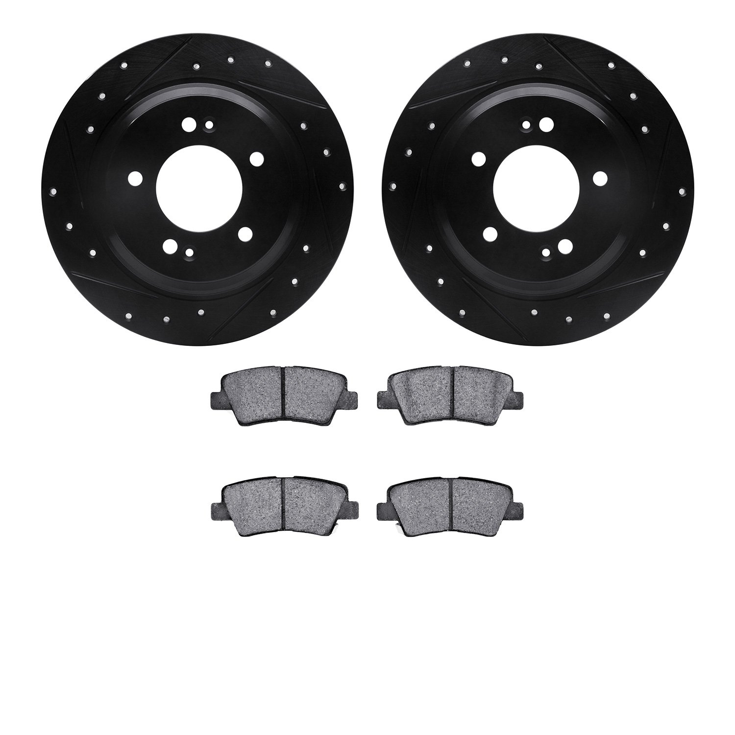 8502-21033 Drilled/Slotted Brake Rotors w/5000 Advanced Brake Pads Kit [Black], Fits Select Kia/Hyundai/Genesis, Position: Rear