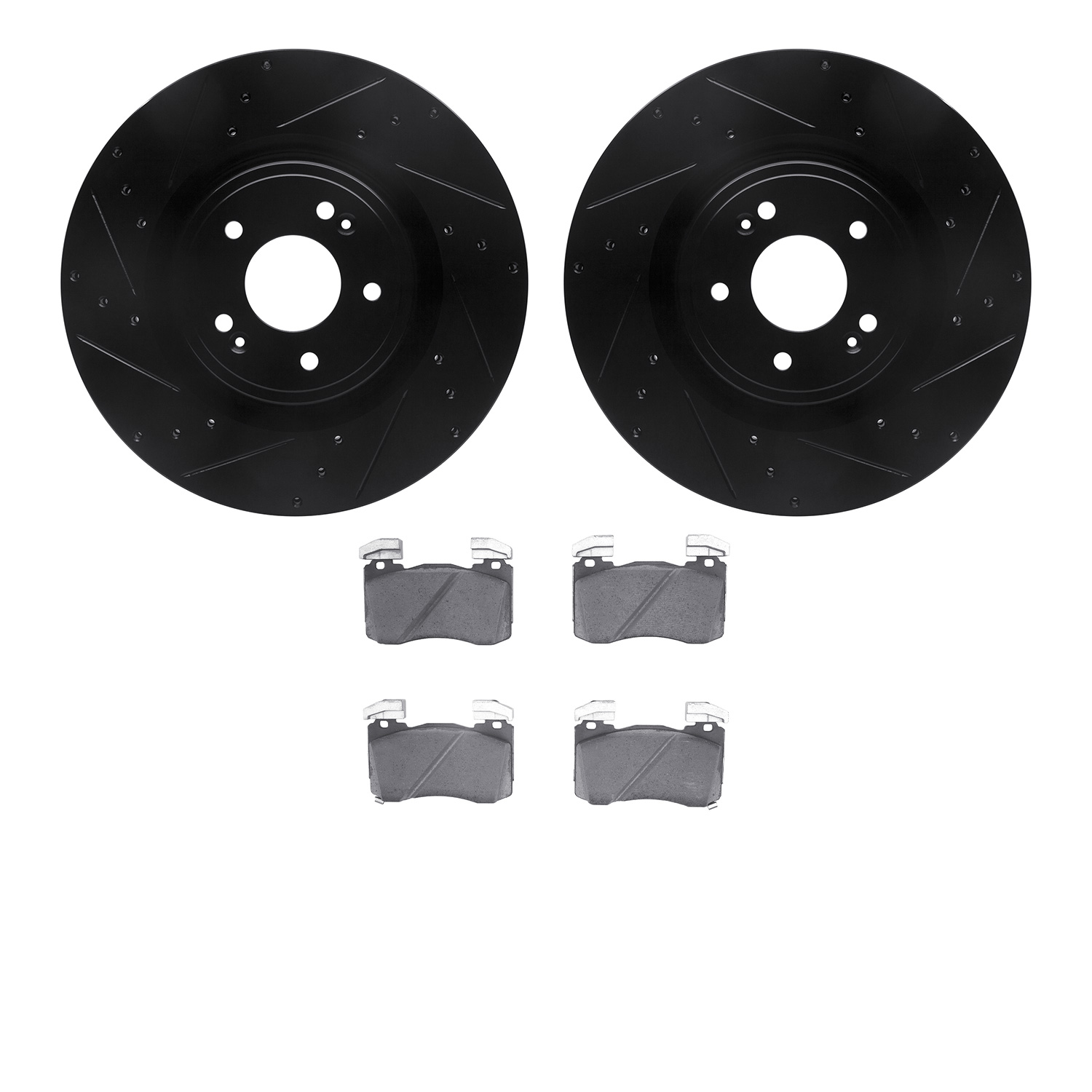 8502-21044 Drilled/Slotted Brake Rotors w/5000 Advanced Brake Pads Kit [Black], Fits Select Kia/Hyundai/Genesis, Position: Front