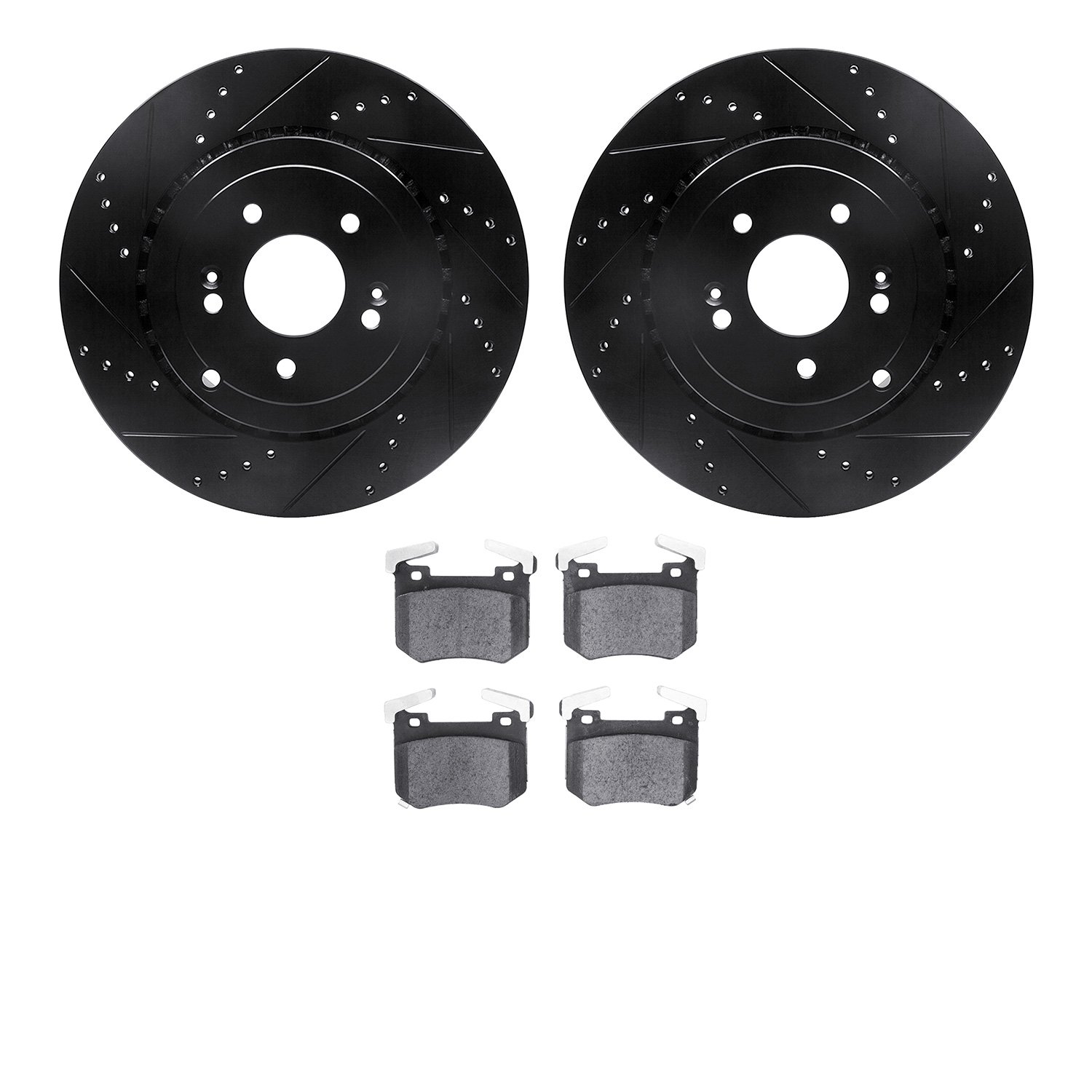 8502-21046 Drilled/Slotted Brake Rotors w/5000 Advanced Brake Pads Kit [Black], Fits Select Kia/Hyundai/Genesis, Position: Rear