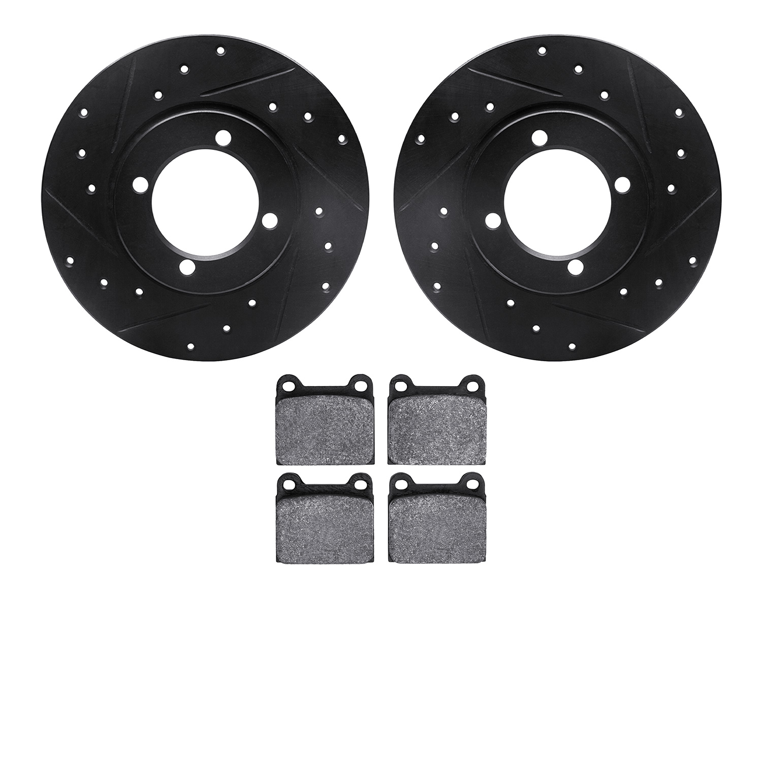 8502-22001 Drilled/Slotted Brake Rotors w/5000 Advanced Brake Pads Kit [Black], 1968-1973 Opel, Position: Front