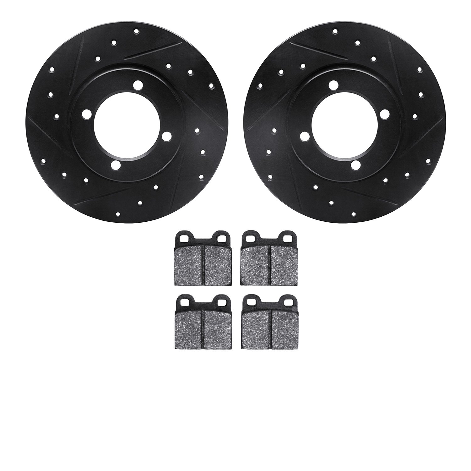 8502-22002 Drilled/Slotted Brake Rotors w/5000 Advanced Brake Pads Kit [Black], 1967-1971 Opel, Position: Front