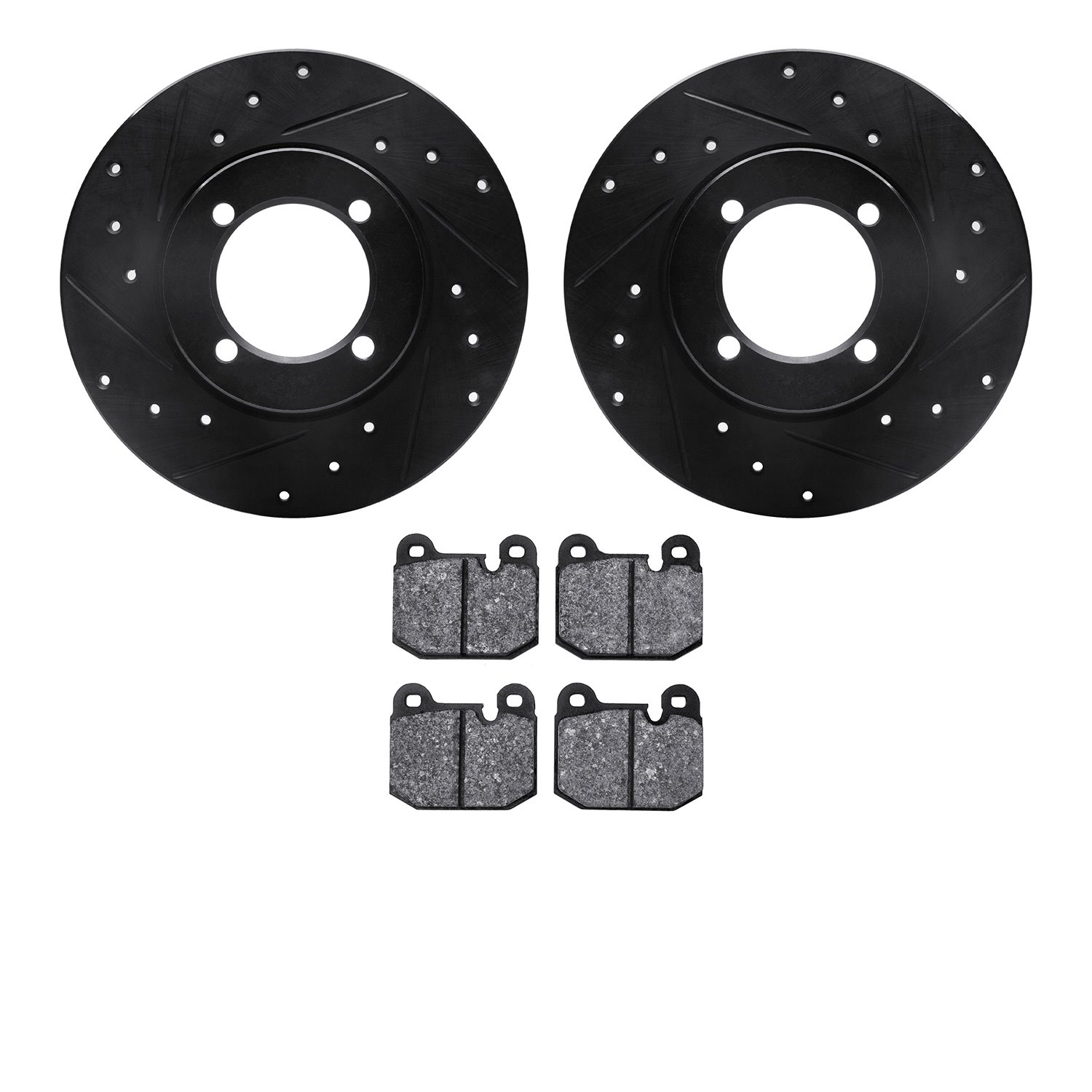 8502-22003 Drilled/Slotted Brake Rotors w/5000 Advanced Brake Pads Kit [Black], 1974-1974 Opel, Position: Front