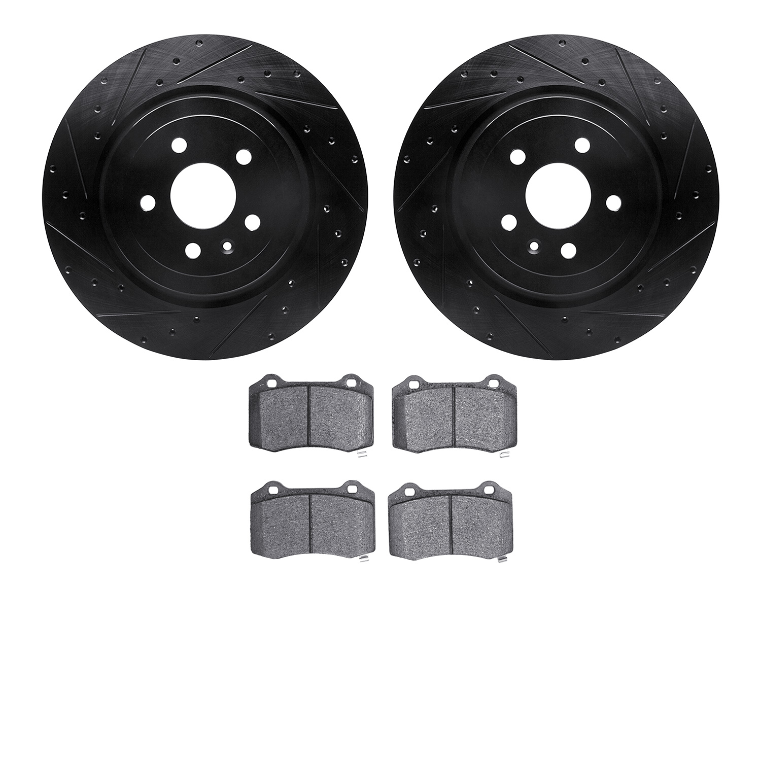 8502-26005 Drilled/Slotted Brake Rotors w/5000 Advanced Brake Pads Kit [Black], 2012-2020 Tesla, Position: Rear