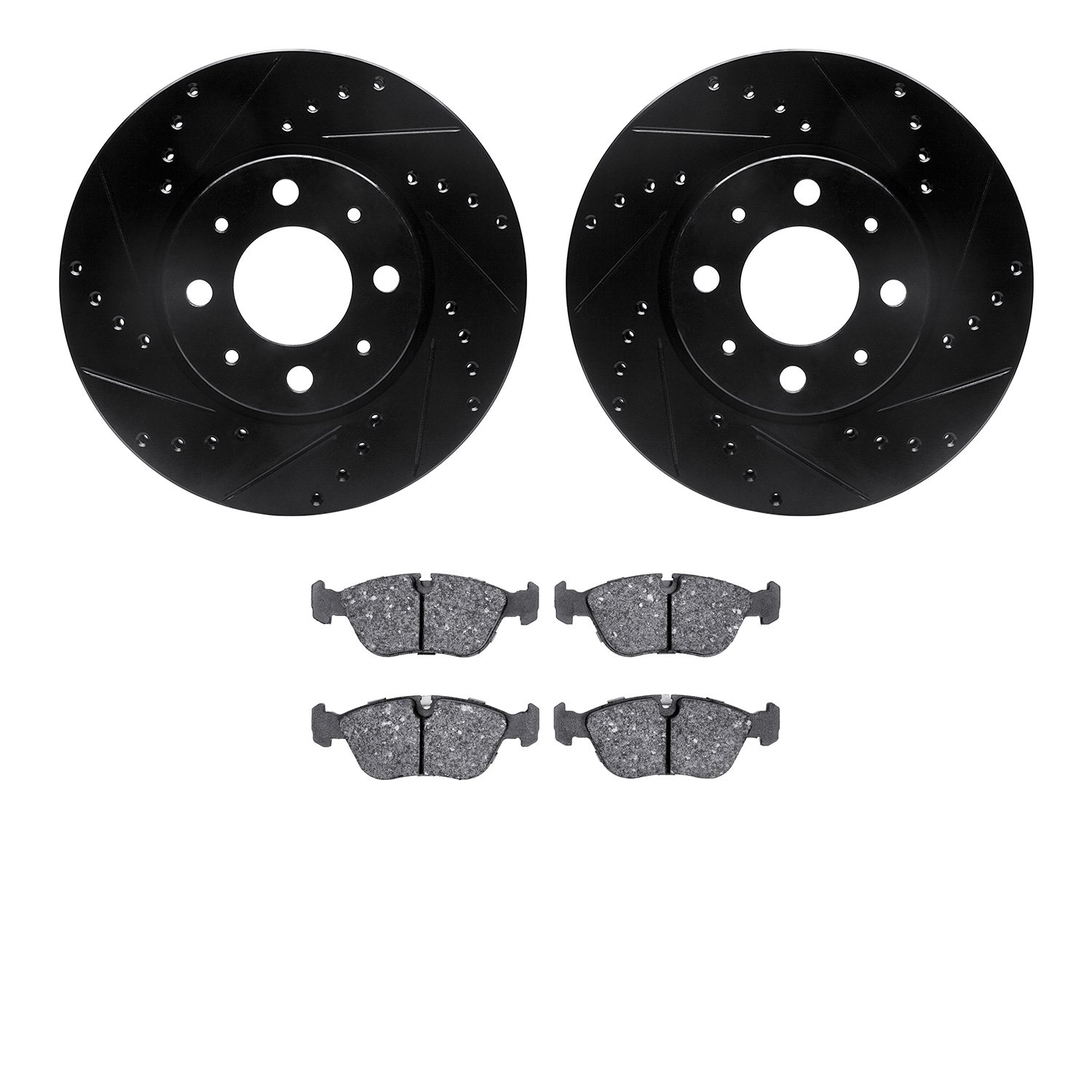 8502-27015 Drilled/Slotted Brake Rotors w/5000 Advanced Brake Pads Kit [Black], 1993-1995 Volvo, Position: Front