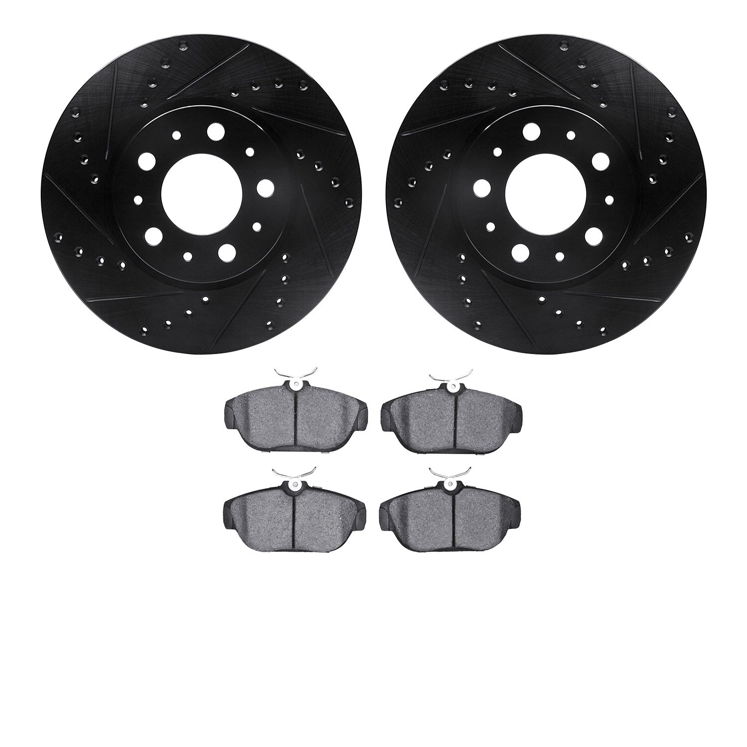 8502-27017 Drilled/Slotted Brake Rotors w/5000 Advanced Brake Pads Kit [Black], 1995-1998 Volvo, Position: Front