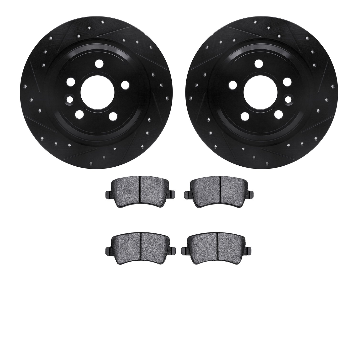 8502-27040 Drilled/Slotted Brake Rotors w/5000 Advanced Brake Pads Kit [Black], 2007-2018 Volvo, Position: Rear