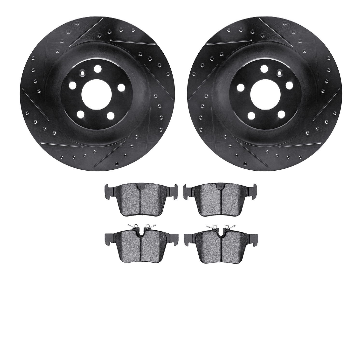 8502-27050 Drilled/Slotted Brake Rotors w/5000 Advanced Brake Pads Kit [Black], 2016-2020 Volvo, Position: Rear