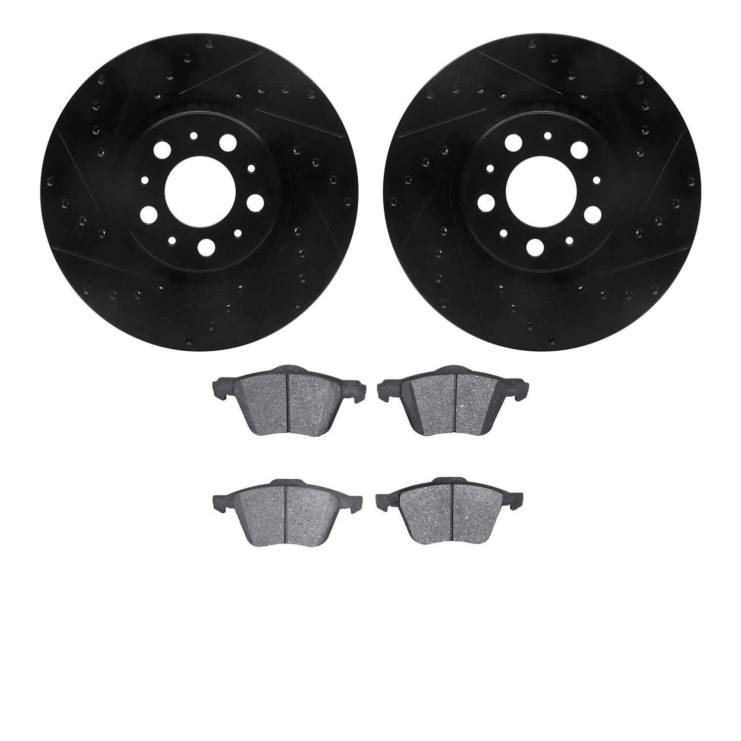 8502-27052 Drilled/Slotted Brake Rotors w/5000 Advanced Brake Pads Kit [Black], 2003-2009 Volvo, Position: Front