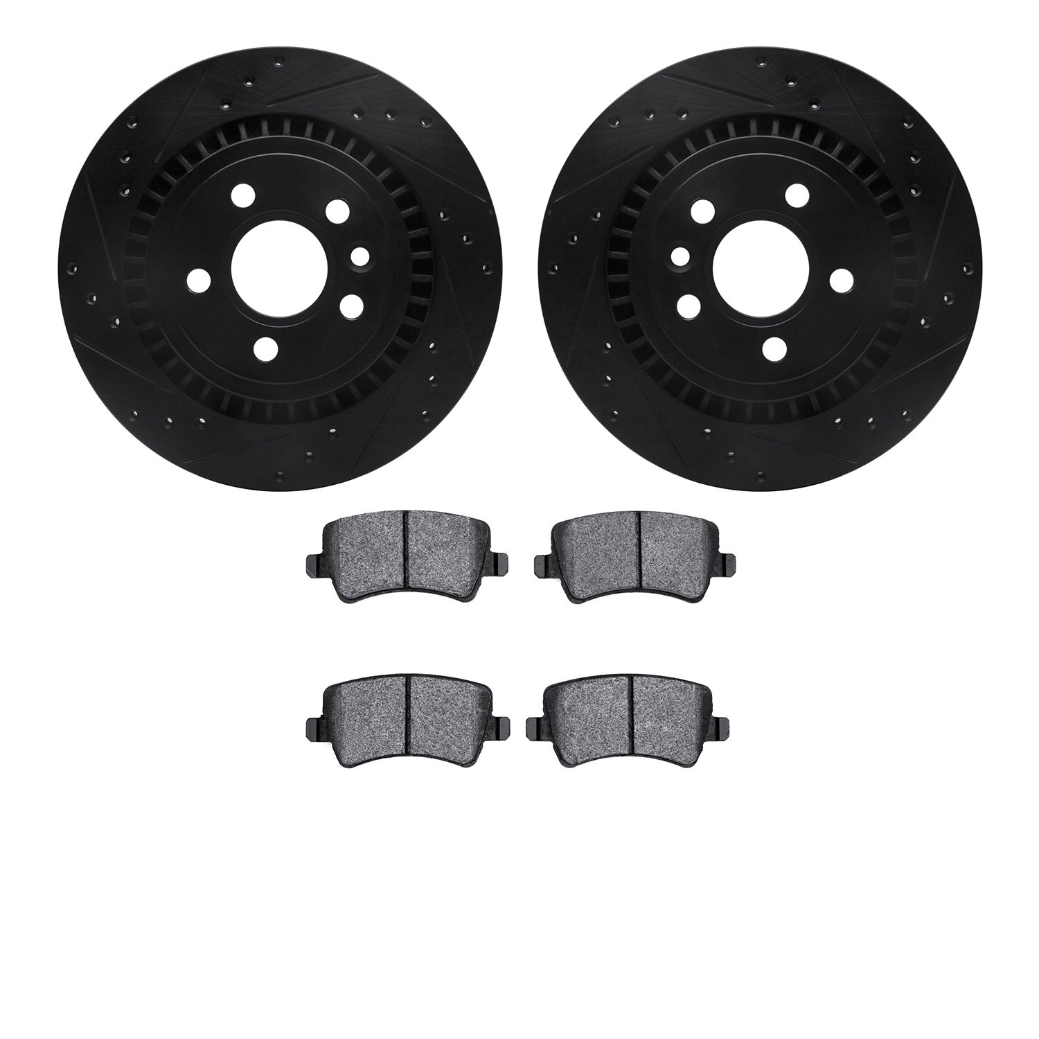8502-27061 Drilled/Slotted Brake Rotors w/5000 Advanced Brake Pads Kit [Black], 2008-2018 Volvo, Position: Rear