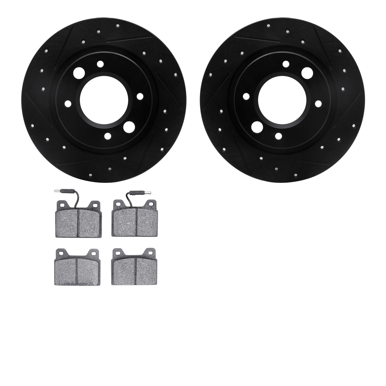 8502-28016 Drilled/Slotted Brake Rotors w/5000 Advanced Brake Pads Kit [Black], 1971-1989 Peugeot, Position: Rear