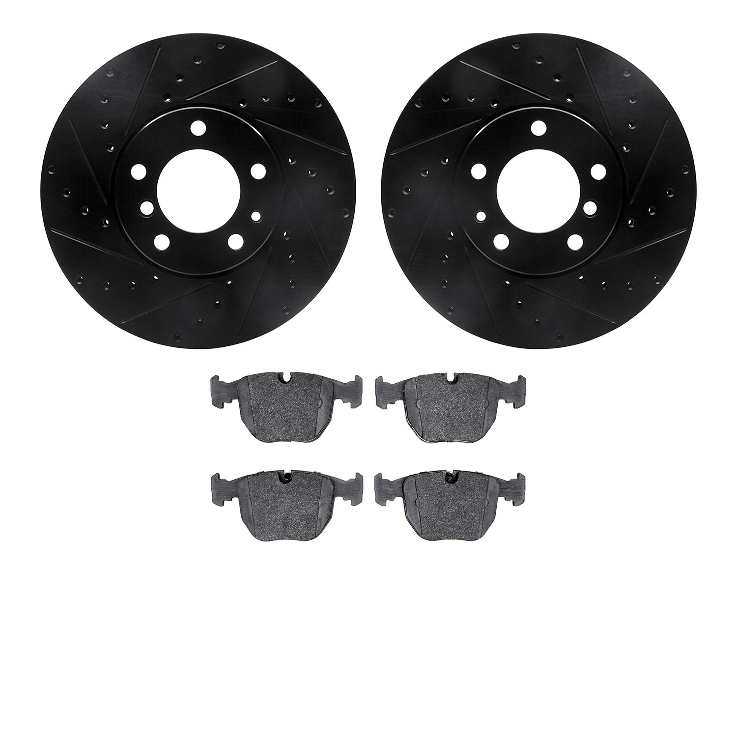 8502-31030 Drilled/Slotted Brake Rotors w/5000 Advanced Brake Pads Kit [Black], 1995-2001 BMW, Position: Front