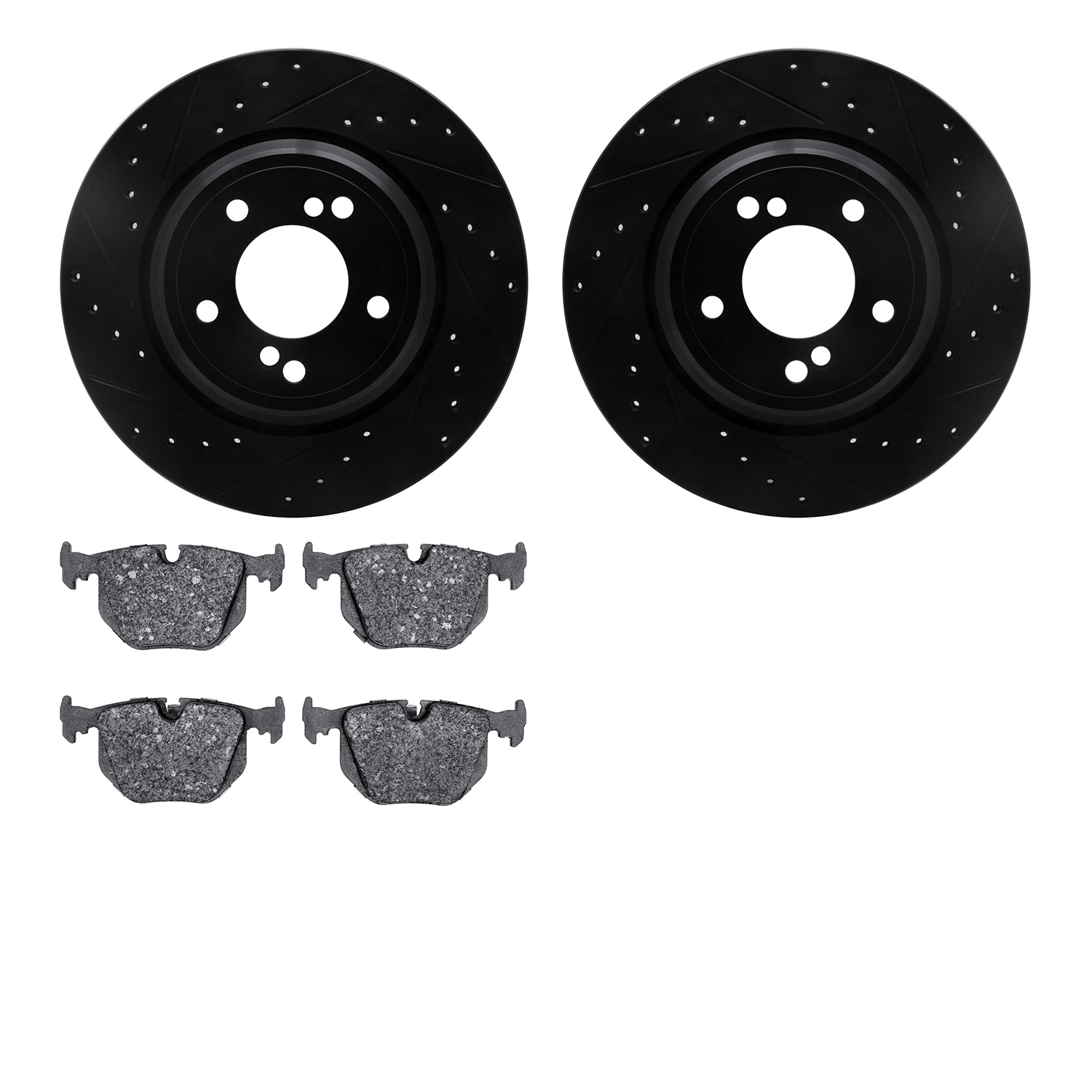 8502-31048 Drilled/Slotted Brake Rotors w/5000 Advanced Brake Pads Kit [Black], 2000-2006 BMW, Position: Rear