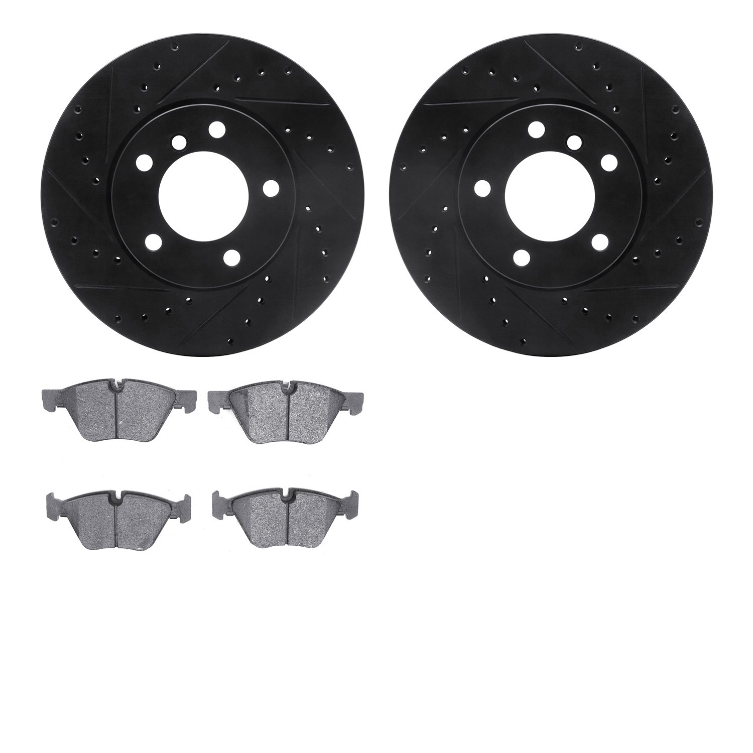 8502-31067 Drilled/Slotted Brake Rotors w/5000 Advanced Brake Pads Kit [Black], 2012-2013 BMW, Position: Front