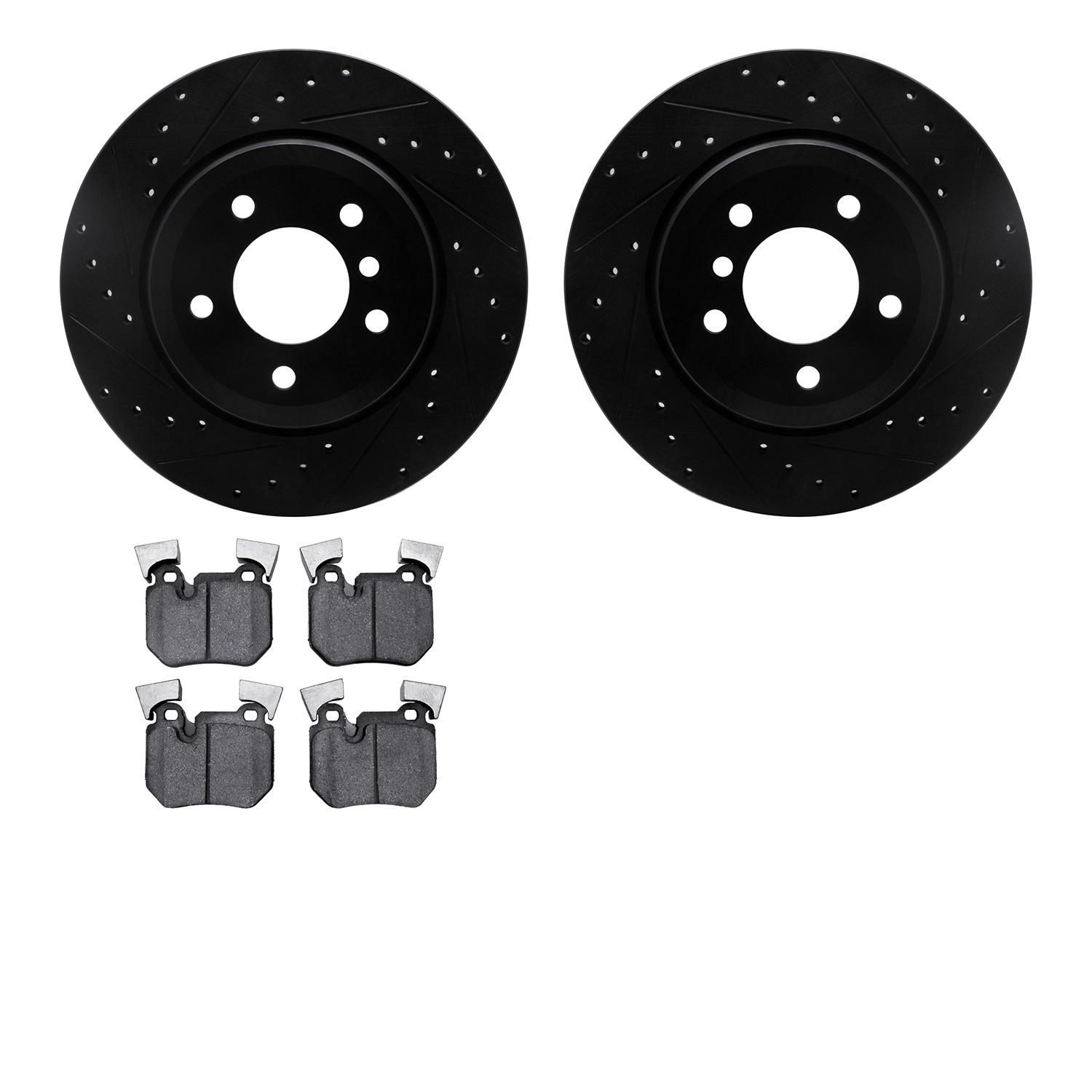 8502-31082 Drilled/Slotted Brake Rotors w/5000 Advanced Brake Pads Kit [Black], 2008-2013 BMW, Position: Rear