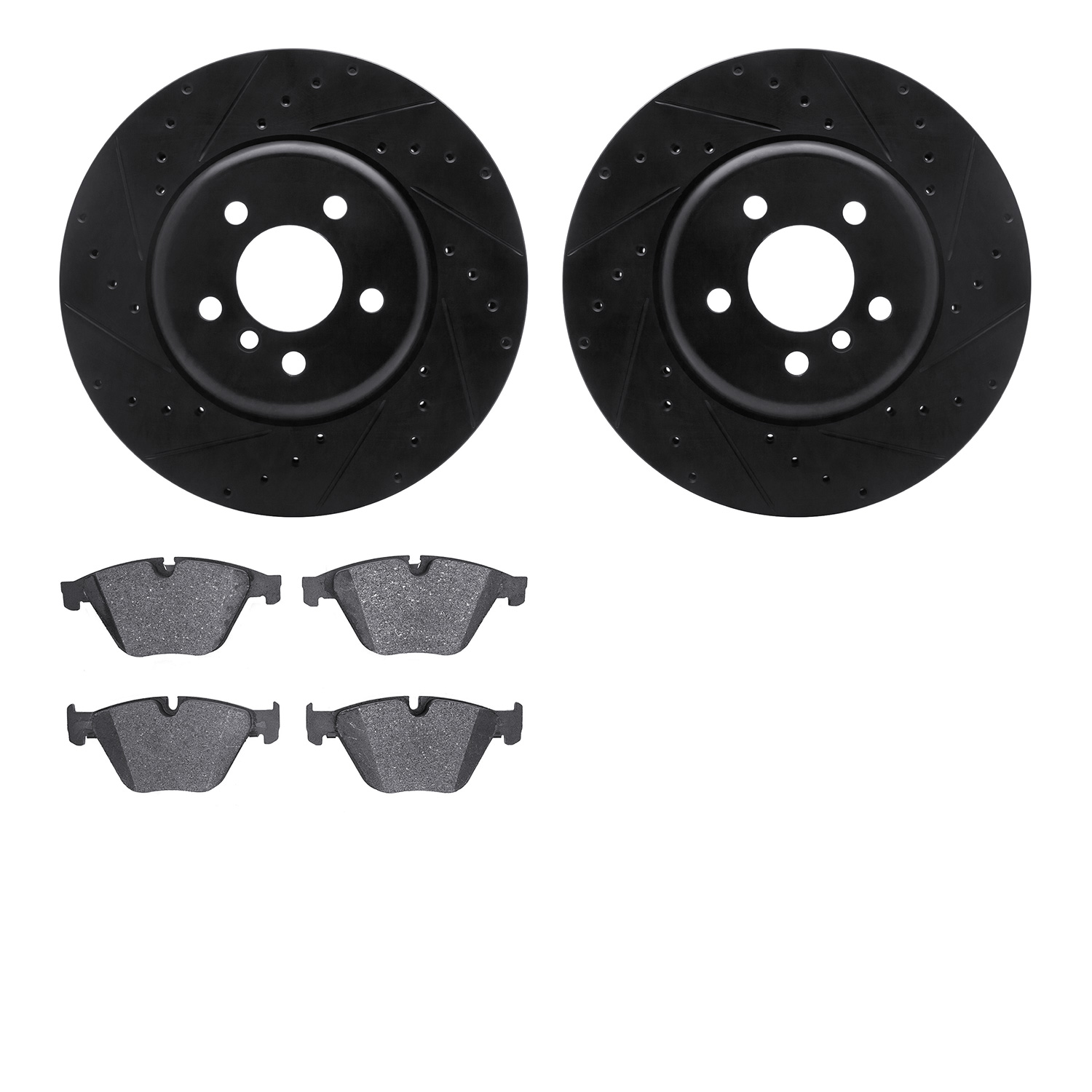 8502-31094 Drilled/Slotted Brake Rotors w/5000 Advanced Brake Pads Kit [Black], 2012-2019 BMW, Position: Front