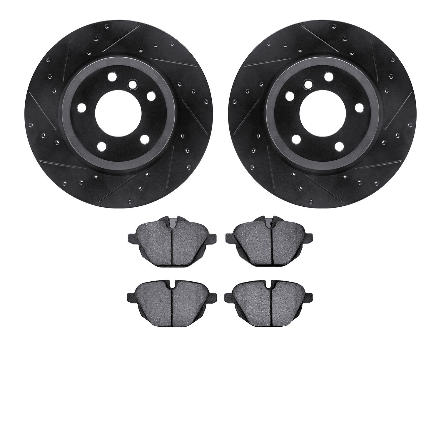8502-31107 Drilled/Slotted Brake Rotors w/5000 Advanced Brake Pads Kit [Black], 2011-2016 BMW, Position: Rear