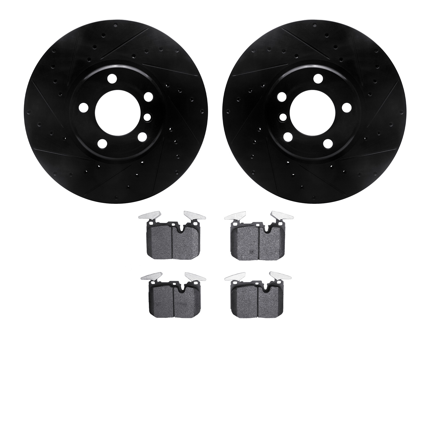 8502-31108 Drilled/Slotted Brake Rotors w/5000 Advanced Brake Pads Kit [Black], 2012-2021 BMW, Position: Front