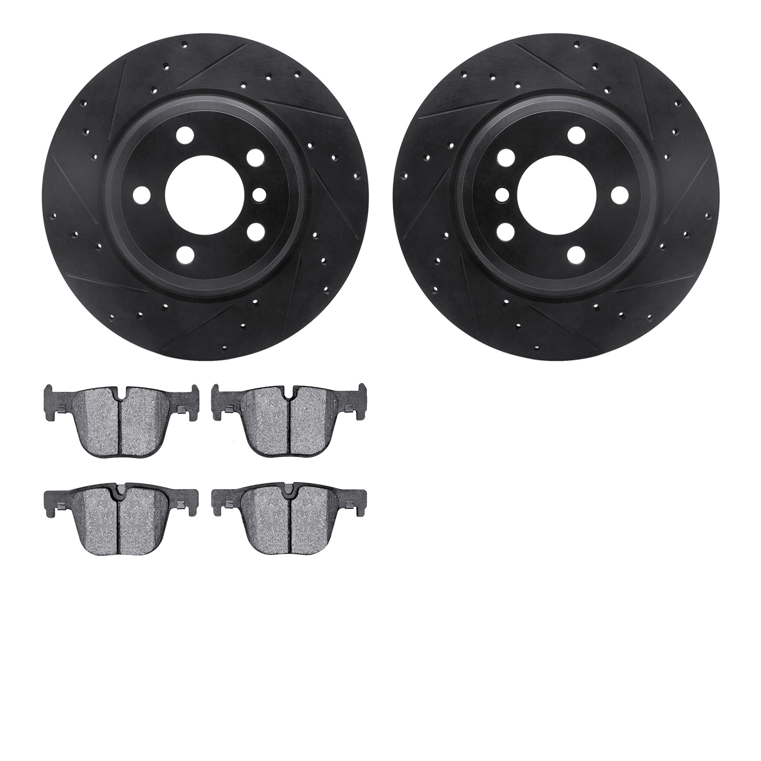 8502-31110 Drilled/Slotted Brake Rotors w/5000 Advanced Brake Pads Kit [Black], 2012-2020 BMW, Position: Rear