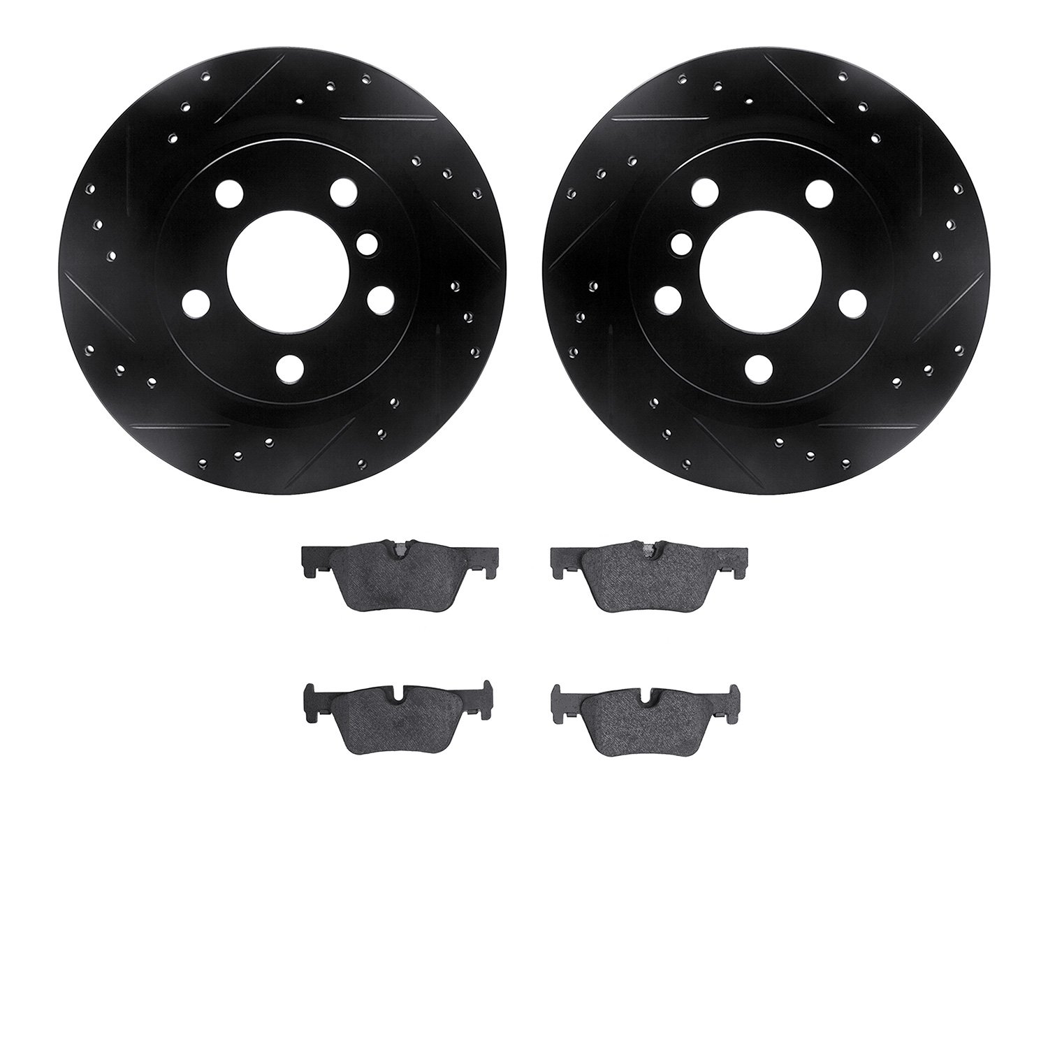 8502-31111 Drilled/Slotted Brake Rotors w/5000 Advanced Brake Pads Kit [Black], 2012-2021 BMW, Position: Rear