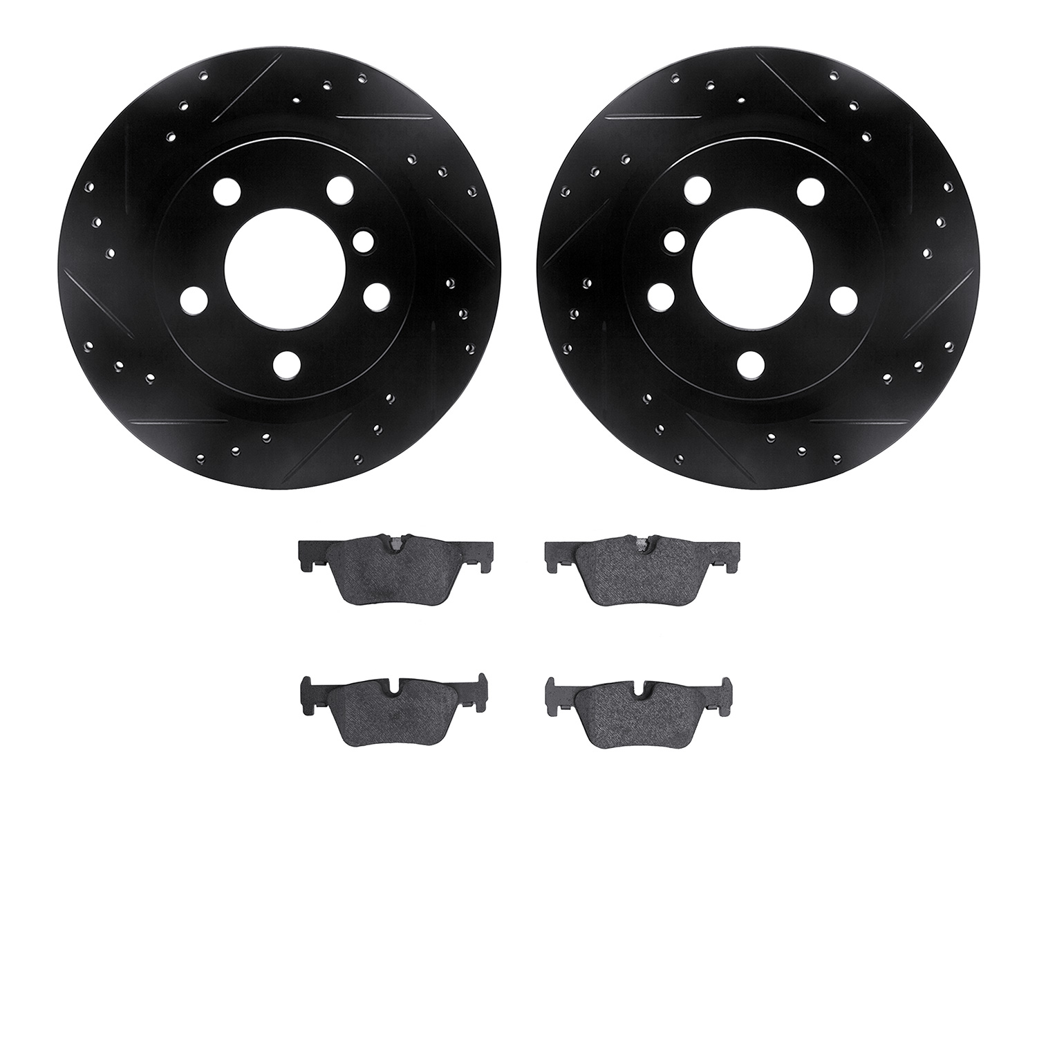 8502-31112 Drilled/Slotted Brake Rotors w/5000 Advanced Brake Pads Kit [Black], 2012-2018 BMW, Position: Rear