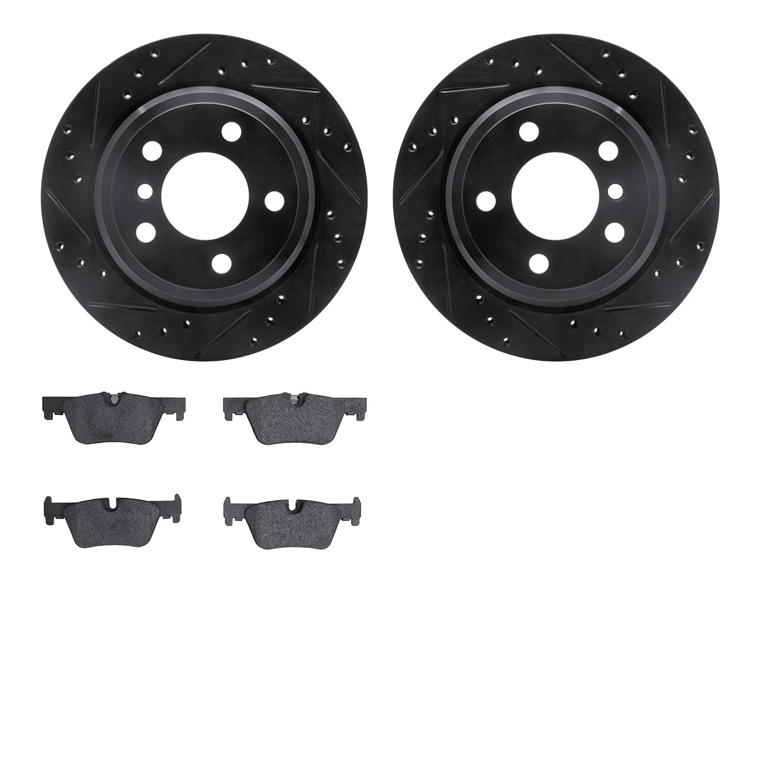 8502-31115 Drilled/Slotted Brake Rotors w/5000 Advanced Brake Pads Kit [Black], 2013-2020 BMW, Position: Rear
