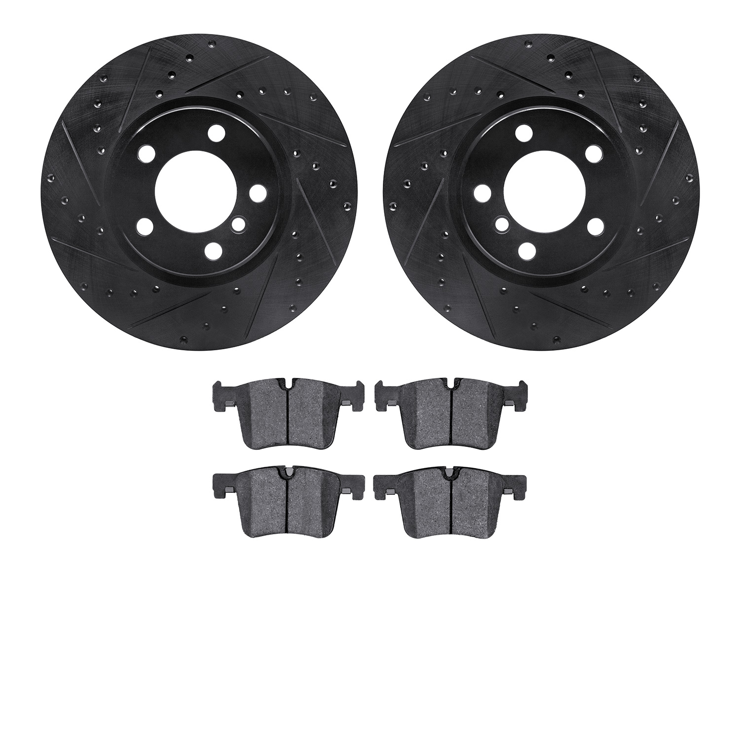 8502-31117 Drilled/Slotted Brake Rotors w/5000 Advanced Brake Pads Kit [Black], 2012-2018 BMW, Position: Front