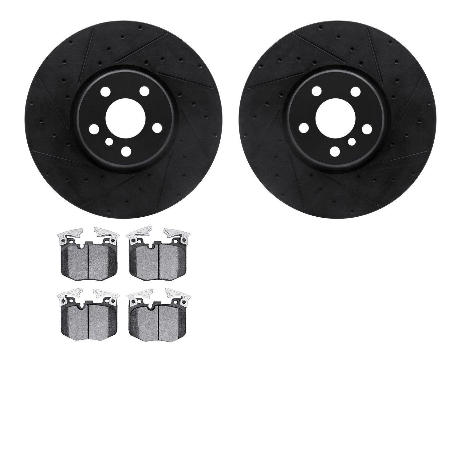 8502-31122 Drilled/Slotted Brake Rotors w/5000 Advanced Brake Pads Kit [Black], Fits Select BMW, Position: Front