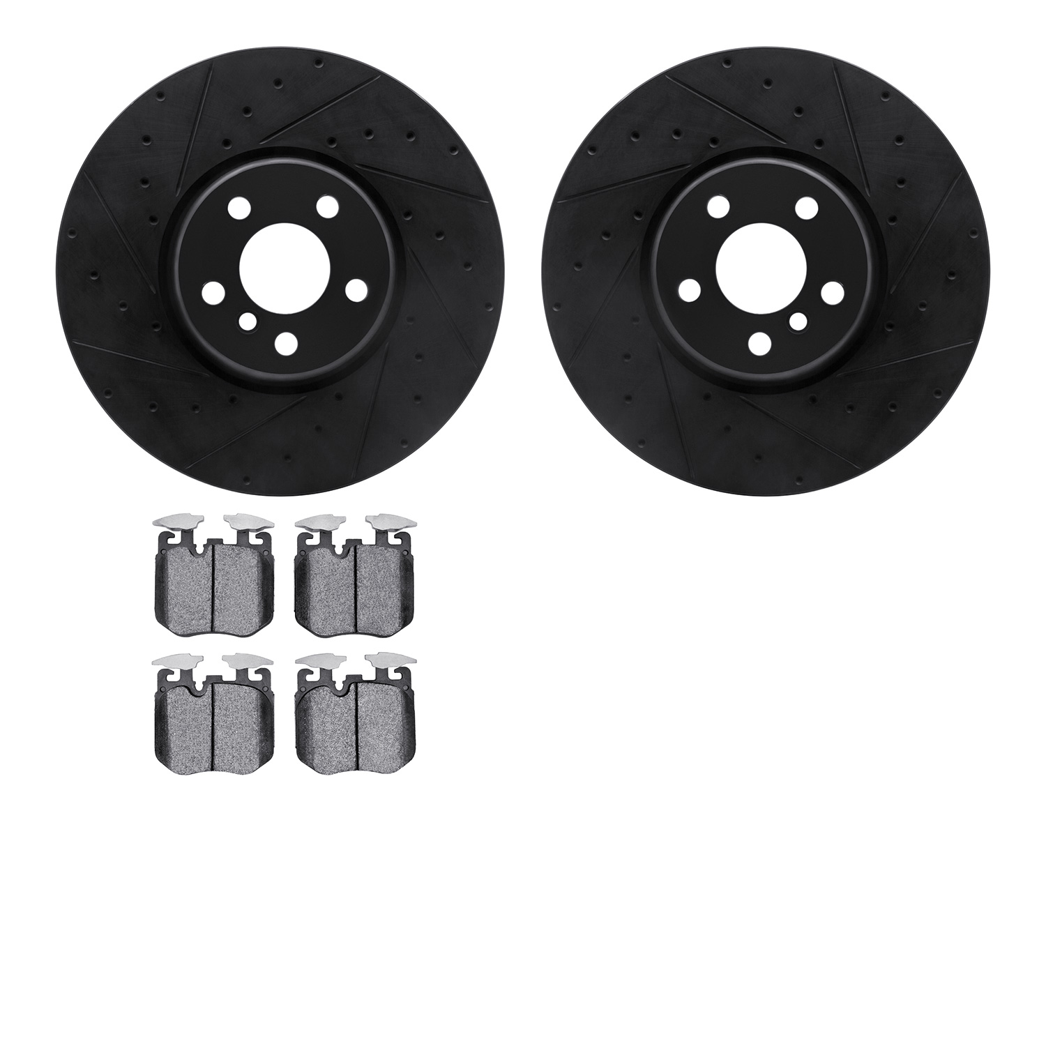 8502-31123 Drilled/Slotted Brake Rotors w/5000 Advanced Brake Pads Kit [Black], 2019-2021 BMW, Position: Front