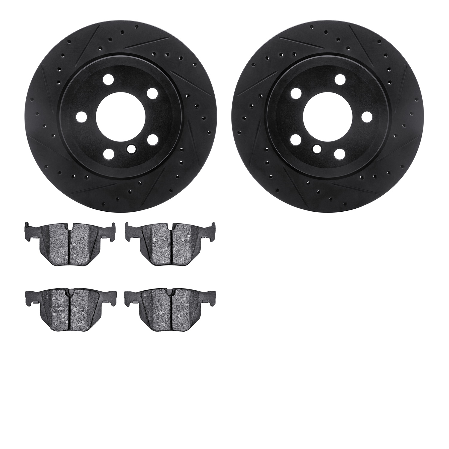 8502-31134 Drilled/Slotted Brake Rotors w/5000 Advanced Brake Pads Kit [Black], 2007-2014 BMW, Position: Rear