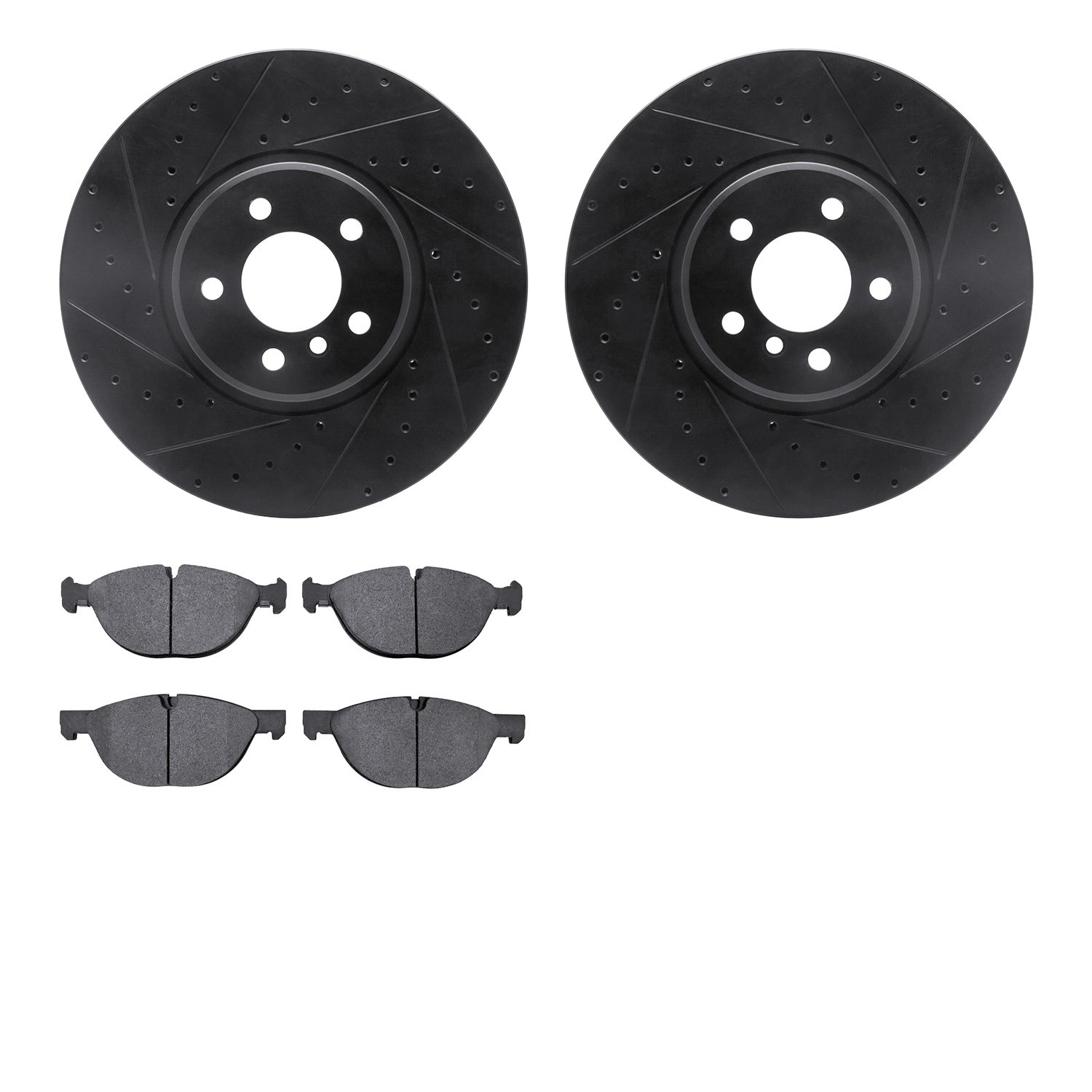 8502-31139 Drilled/Slotted Brake Rotors w/5000 Advanced Brake Pads Kit [Black], 2008-2014 BMW, Position: Front