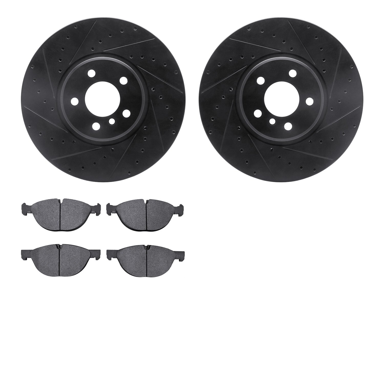 8502-31141 Drilled/Slotted Brake Rotors w/5000 Advanced Brake Pads Kit [Black], 2014-2019 BMW, Position: Front