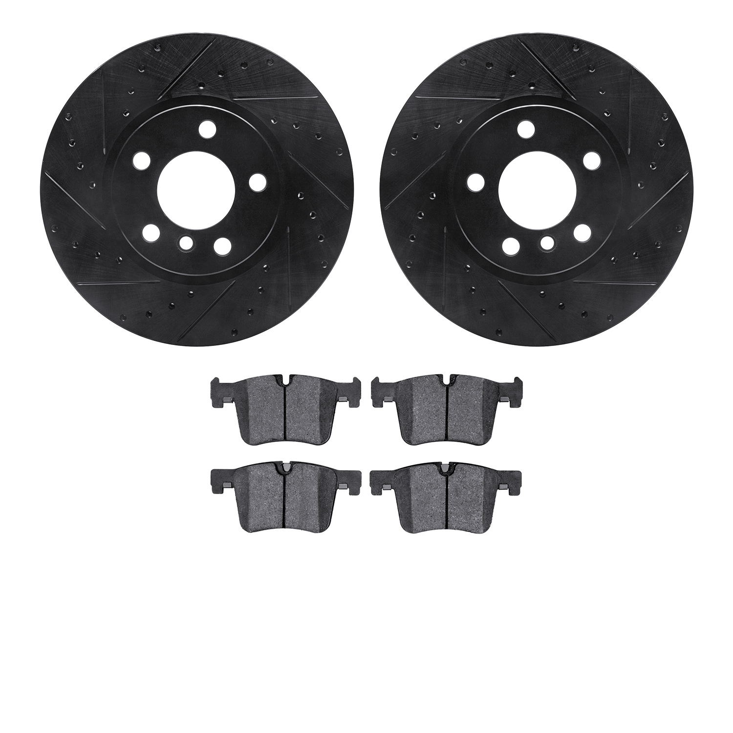 8502-31145 Drilled/Slotted Brake Rotors w/5000 Advanced Brake Pads Kit [Black], 2011-2014 BMW, Position: Front