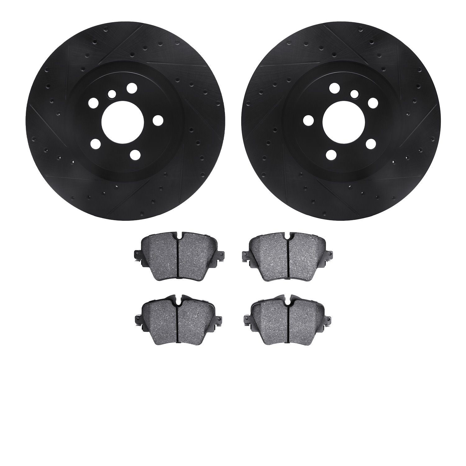 8502-31152 Drilled/Slotted Brake Rotors w/5000 Advanced Brake Pads Kit [Black], Fits Select Mini, Position: Front
