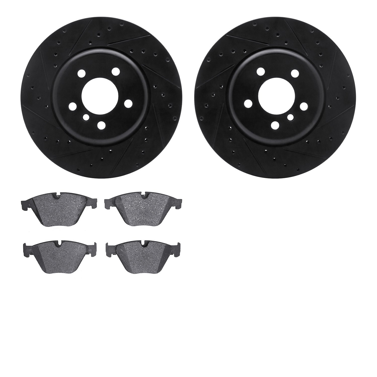 8502-31504 Drilled/Slotted Brake Rotors w/5000 Advanced Brake Pads Kit [Black], 2011-2018 BMW, Position: Front