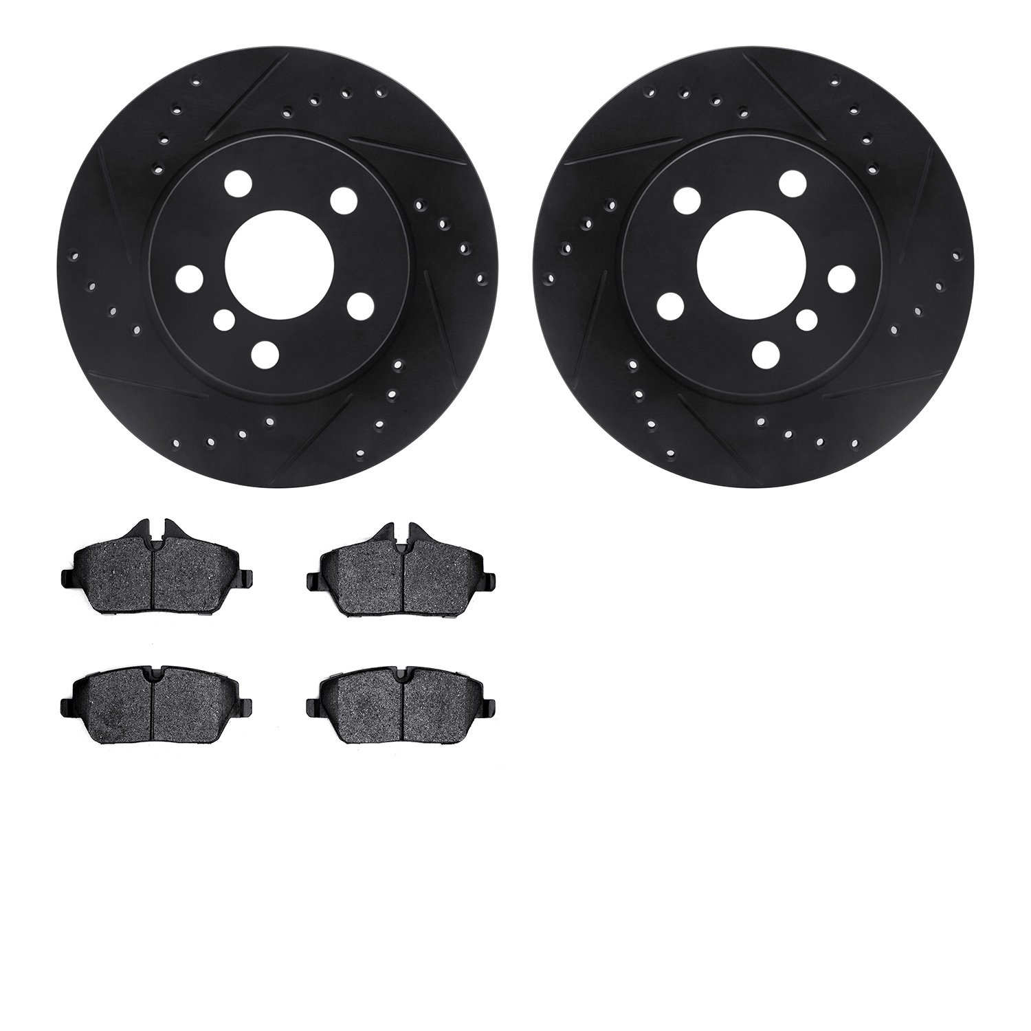 8502-31608 Drilled/Slotted Brake Rotors w/5000 Advanced Brake Pads Kit [Black], 2014-2021 BMW, Position: Front