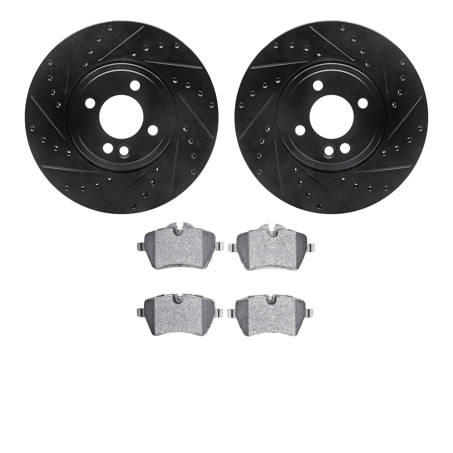 8502-32002 Drilled/Slotted Brake Rotors w/5000 Advanced Brake Pads Kit [Black], 2002-2006 Mini, Position: Front