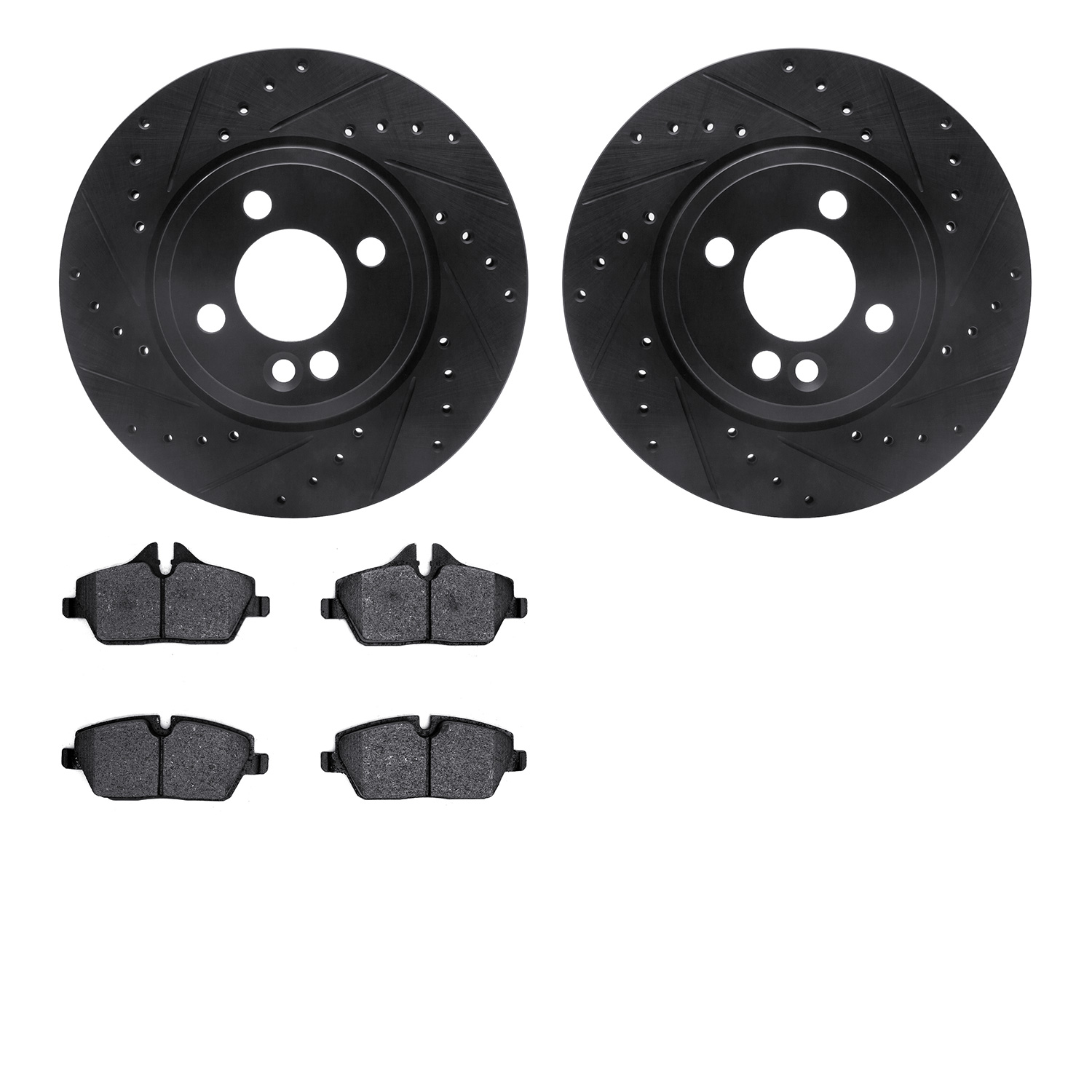 8502-32006 Drilled/Slotted Brake Rotors w/5000 Advanced Brake Pads Kit [Black], 2007-2015 Mini, Position: Front