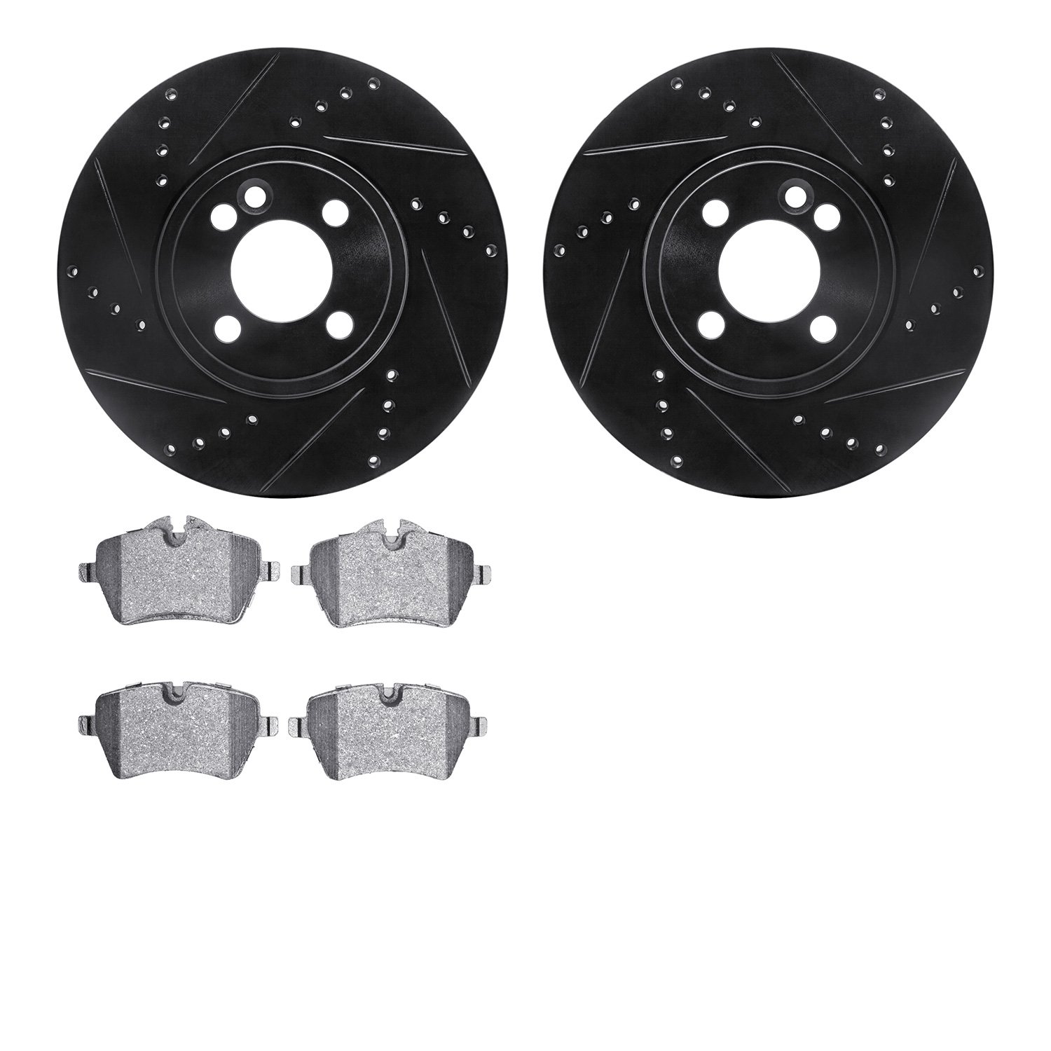 8502-32007 Drilled/Slotted Brake Rotors w/5000 Advanced Brake Pads Kit [Black], 2007-2015 Mini, Position: Front