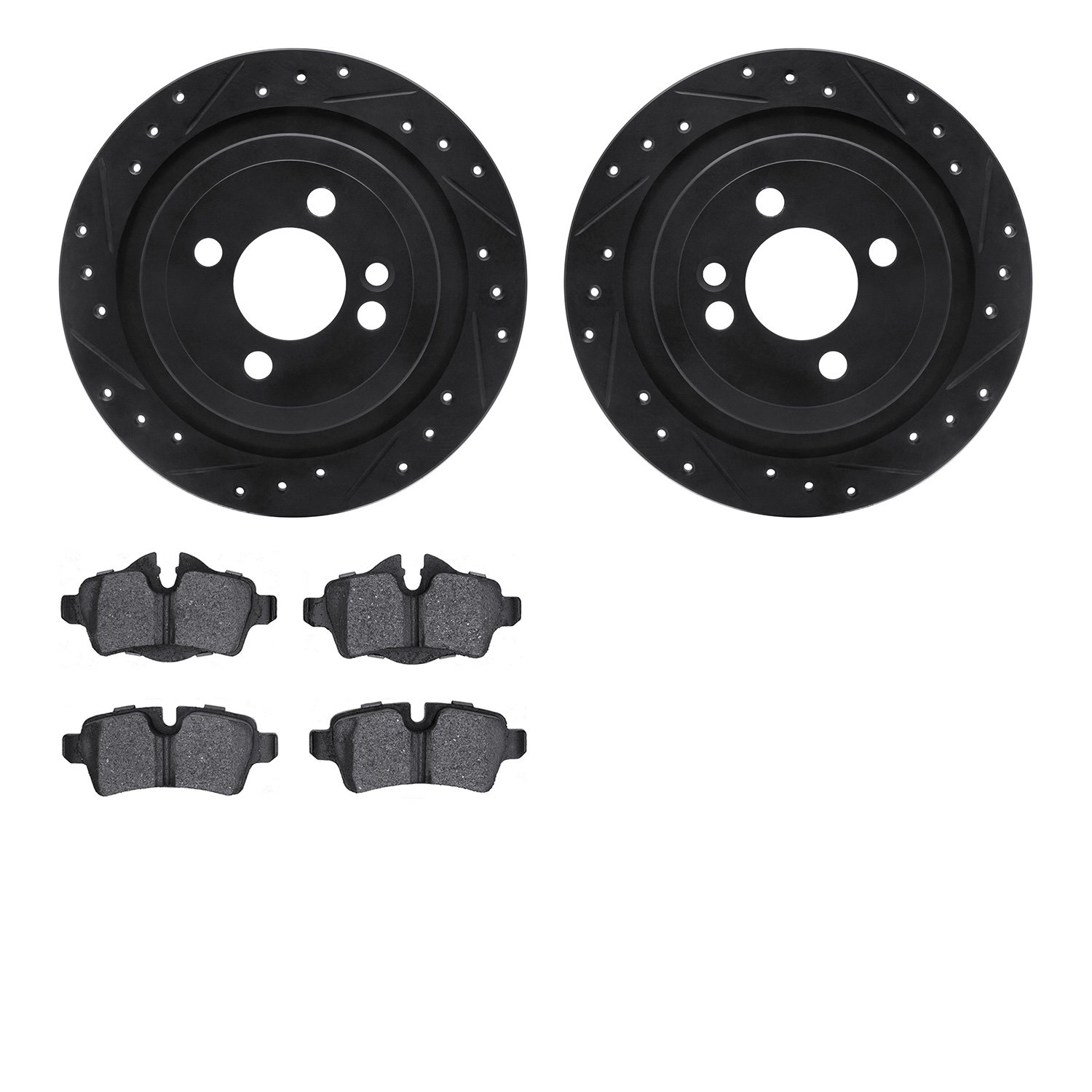 8502-32009 Drilled/Slotted Brake Rotors w/5000 Advanced Brake Pads Kit [Black], 2009-2014 Mini, Position: Rear