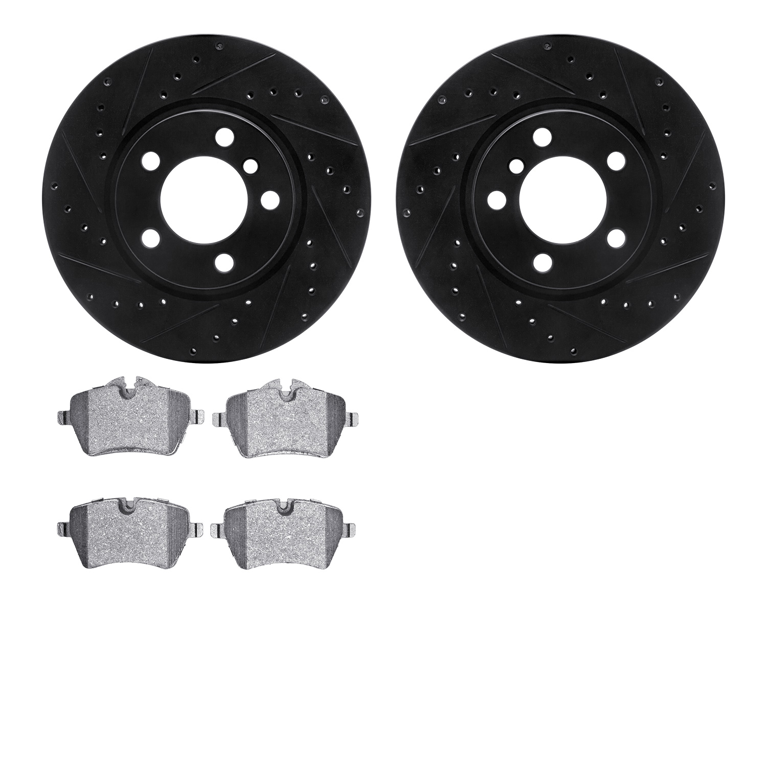 8502-32013 Drilled/Slotted Brake Rotors w/5000 Advanced Brake Pads Kit [Black], 2011-2016 Mini, Position: Front