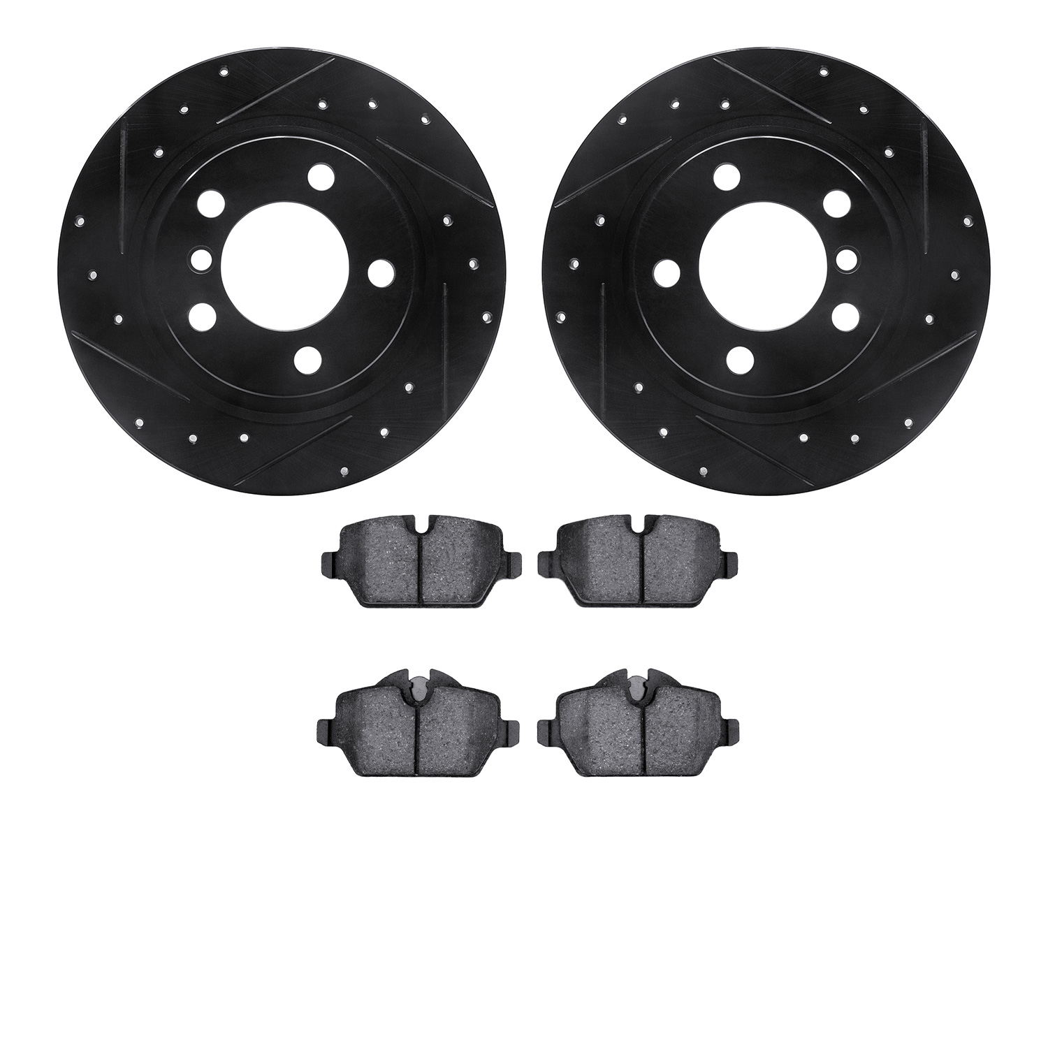 8502-32015 Drilled/Slotted Brake Rotors w/5000 Advanced Brake Pads Kit [Black], 2013-2016 Mini, Position: Rear