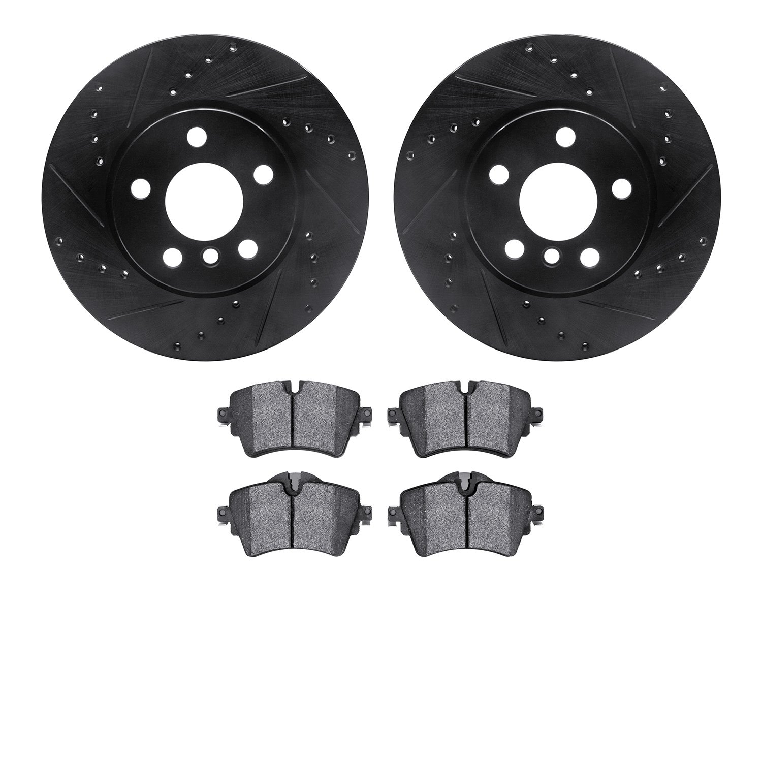 8502-32019 Drilled/Slotted Brake Rotors w/5000 Advanced Brake Pads Kit [Black], 2019-2019 Mini, Position: Front