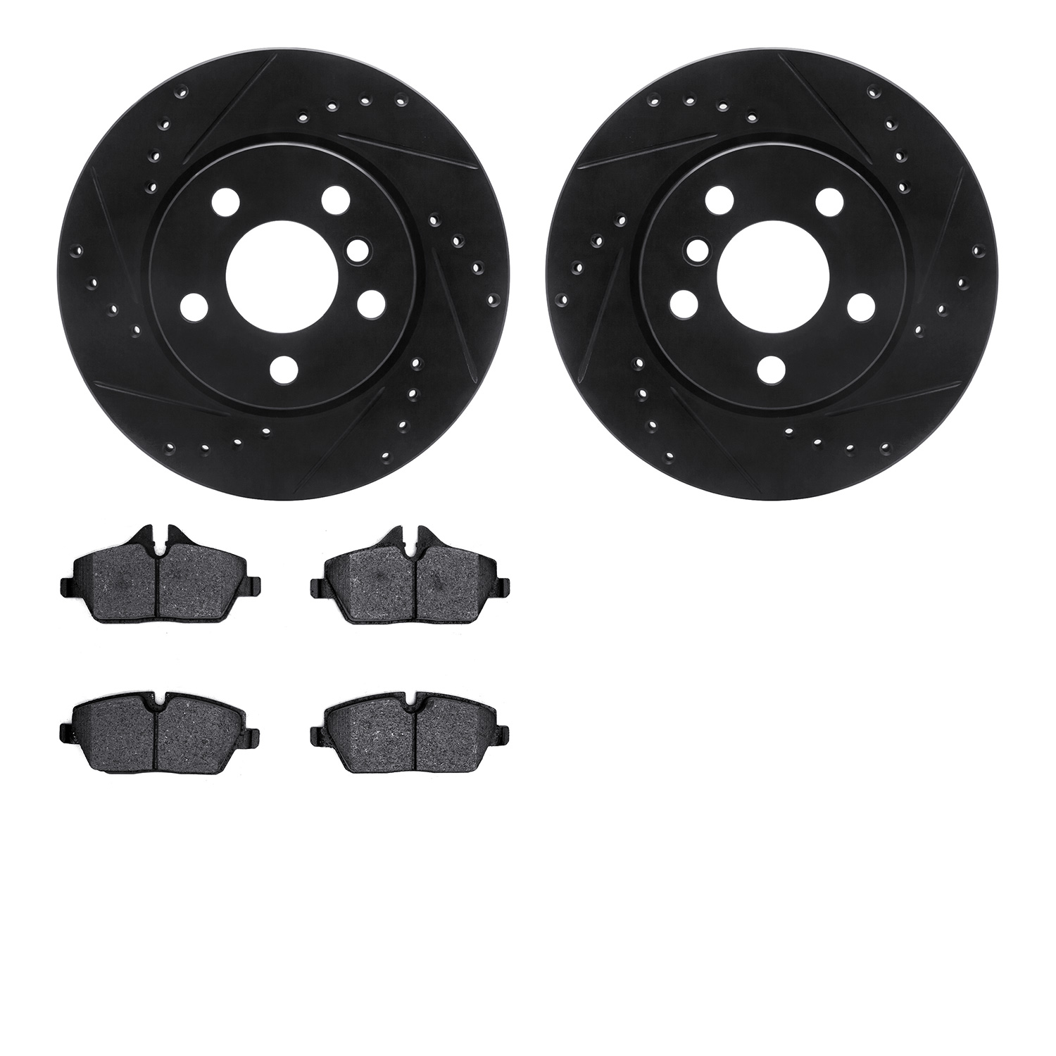 8502-32023 Drilled/Slotted Brake Rotors w/5000 Advanced Brake Pads Kit [Black], 2014-2019 Mini, Position: Front