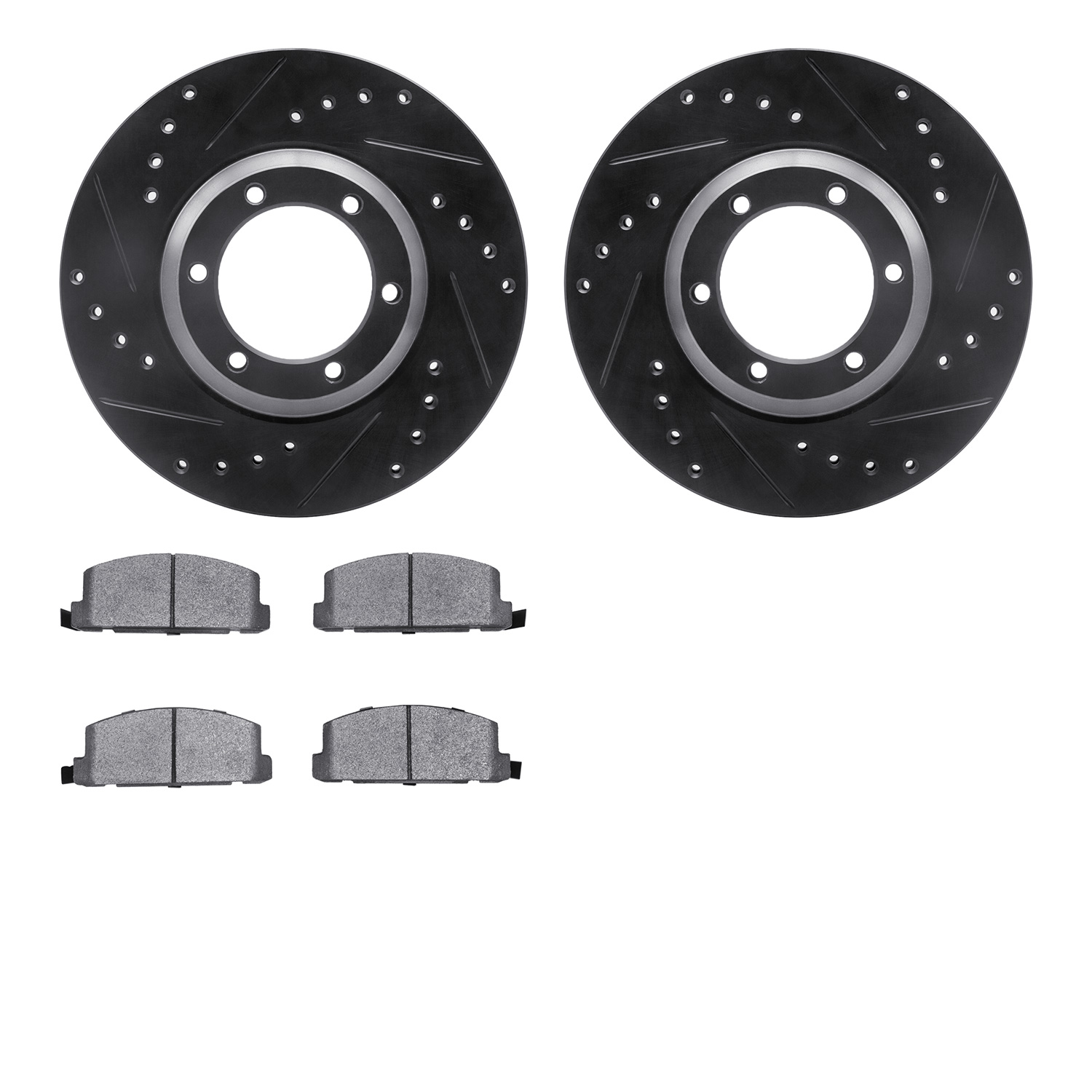 8502-37004 Drilled/Slotted Brake Rotors w/5000 Advanced Brake Pads Kit [Black], 1984-1987 GM, Position: Front