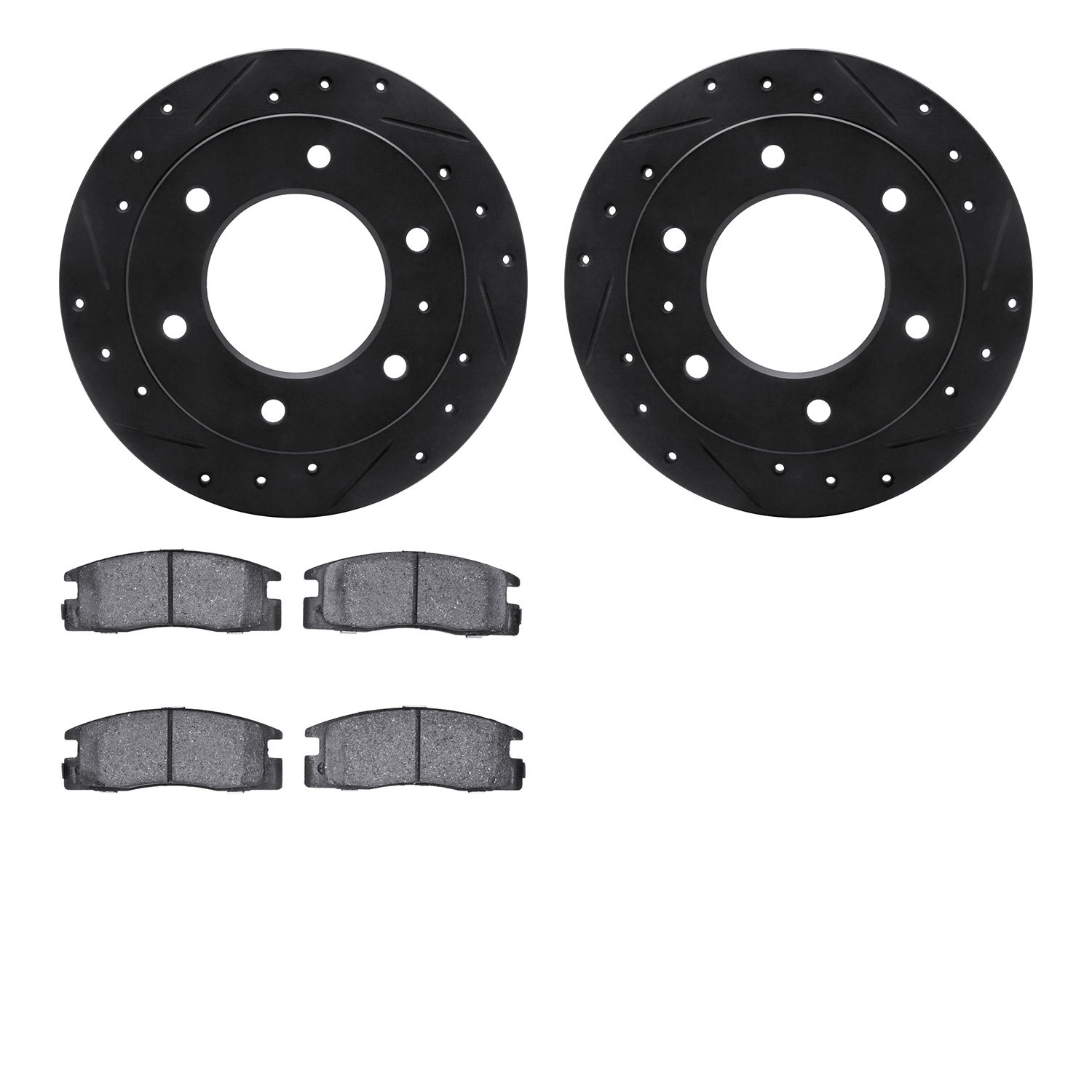 8502-37009 Drilled/Slotted Brake Rotors w/5000 Advanced Brake Pads Kit [Black], 1988-1995 GM, Position: Rear