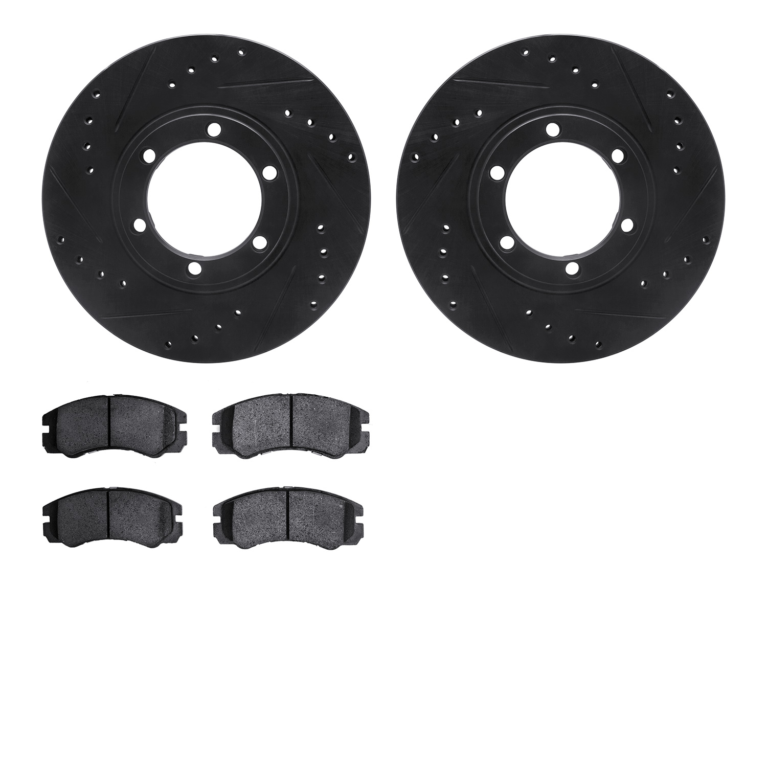 8502-37011 Drilled/Slotted Brake Rotors w/5000 Advanced Brake Pads Kit [Black], 1992-1995 Multiple Makes/Models, Position: Front