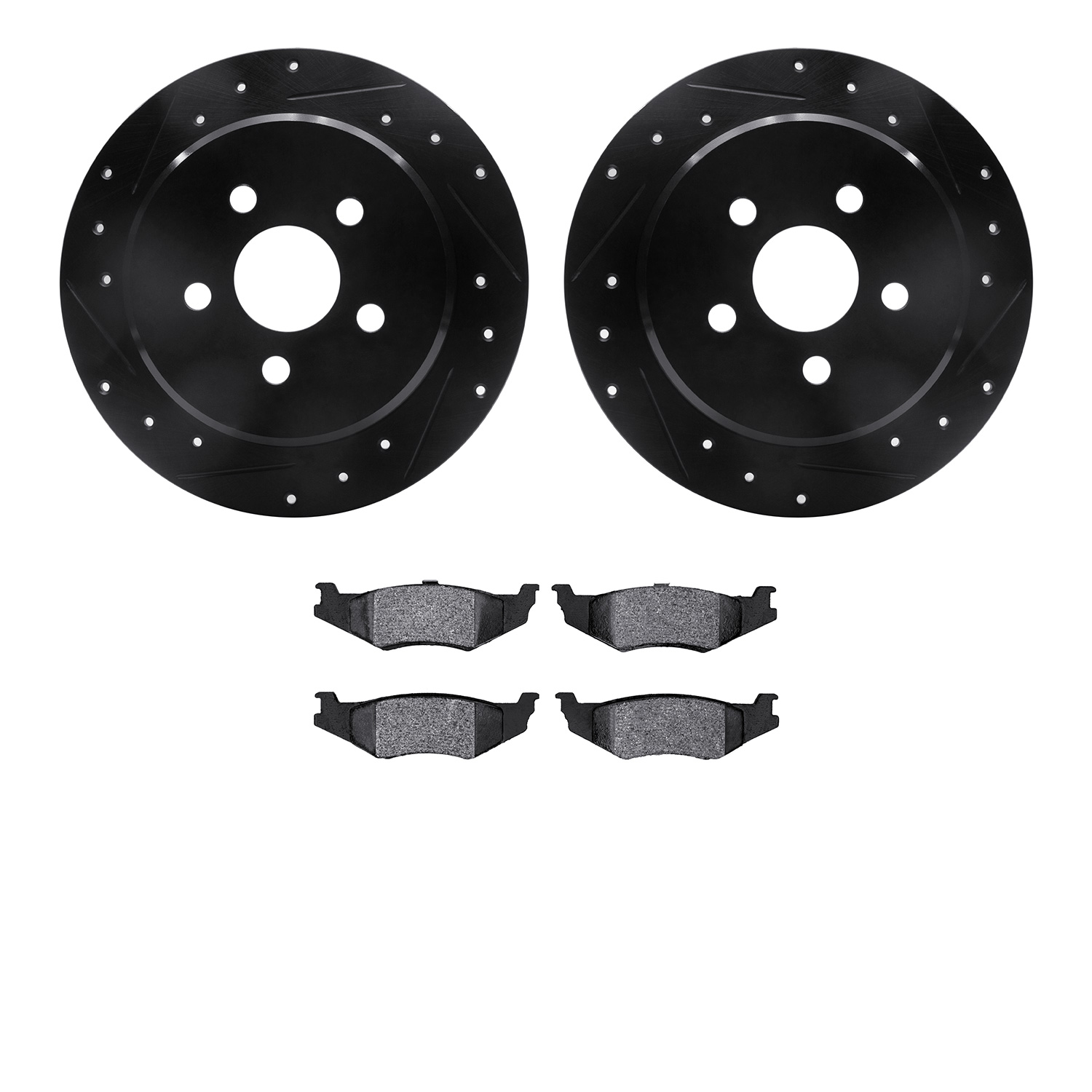 8502-39004 Drilled/Slotted Brake Rotors w/5000 Advanced Brake Pads Kit [Black], 1995-2007 Mopar, Position: Rear