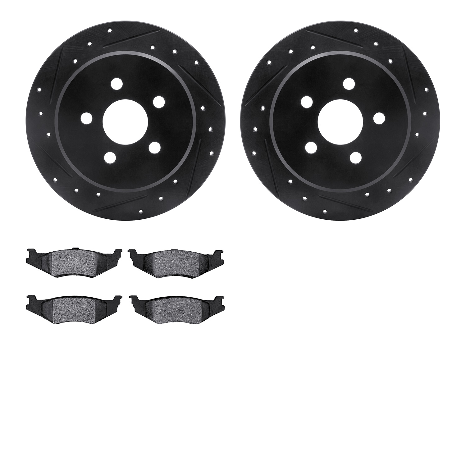 8502-39005 Drilled/Slotted Brake Rotors w/5000 Advanced Brake Pads Kit [Black], 2003-2010 Mopar, Position: Rear