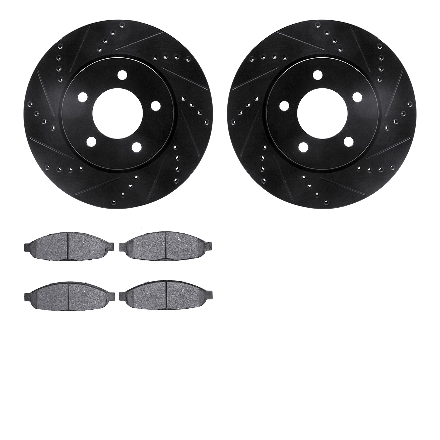 8502-39029 Drilled/Slotted Brake Rotors w/5000 Advanced Brake Pads Kit [Black], 2004-2008 Mopar, Position: Front