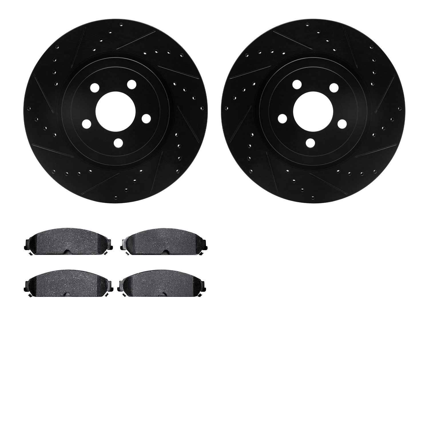 8502-39031 Drilled/Slotted Brake Rotors w/5000 Advanced Brake Pads Kit [Black], 2005-2020 Mopar, Position: Front